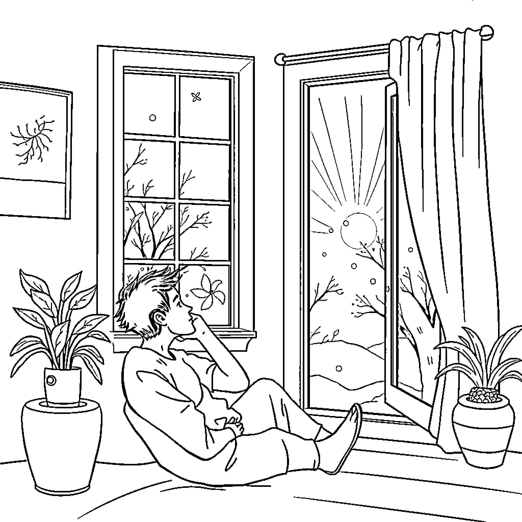 Depression - A person contemplating in solitude by the window Coloring Page (free black-and-white line drawing printable PDF for all, from beginners to advanced learners, including children, teens, adults, and seniors)