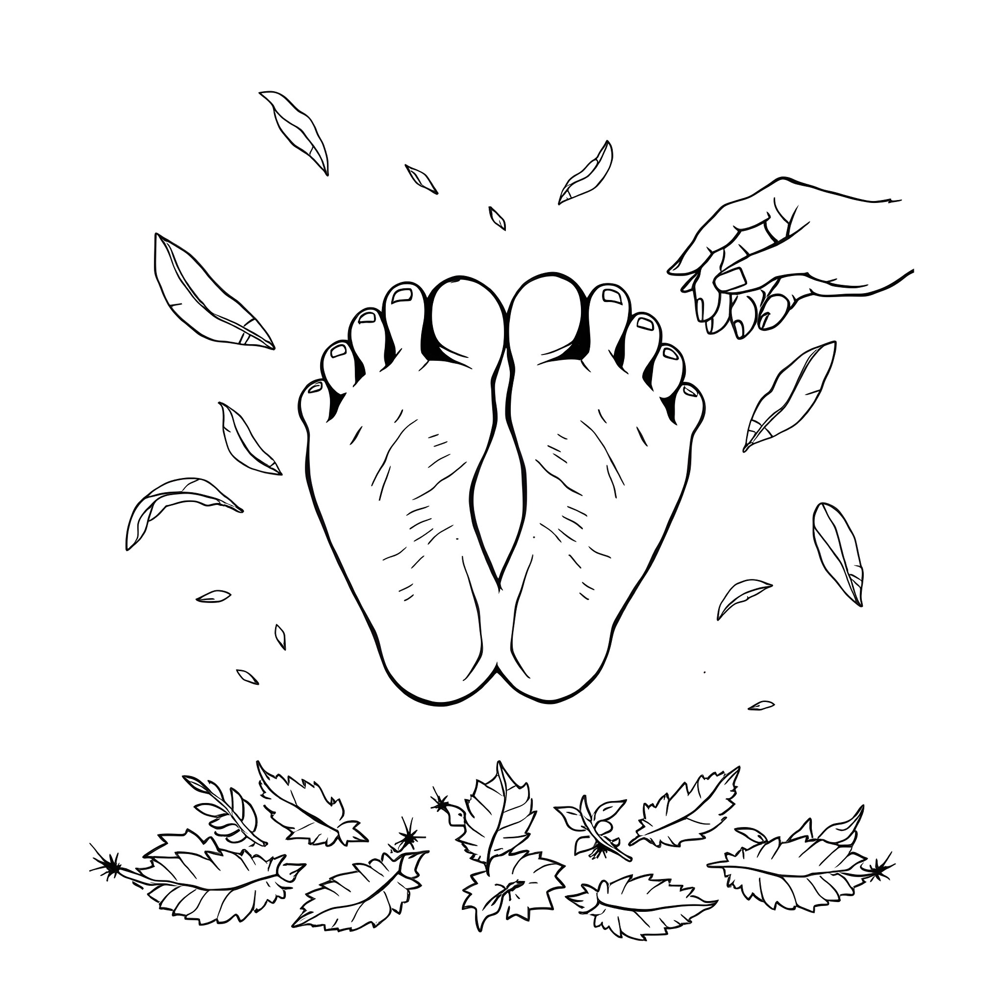 Feet in Autumn Leaves Coloring Page (free black-and-white line drawing printable PDF for all, from beginners to advanced learners, including children, teens, adults, and seniors)
