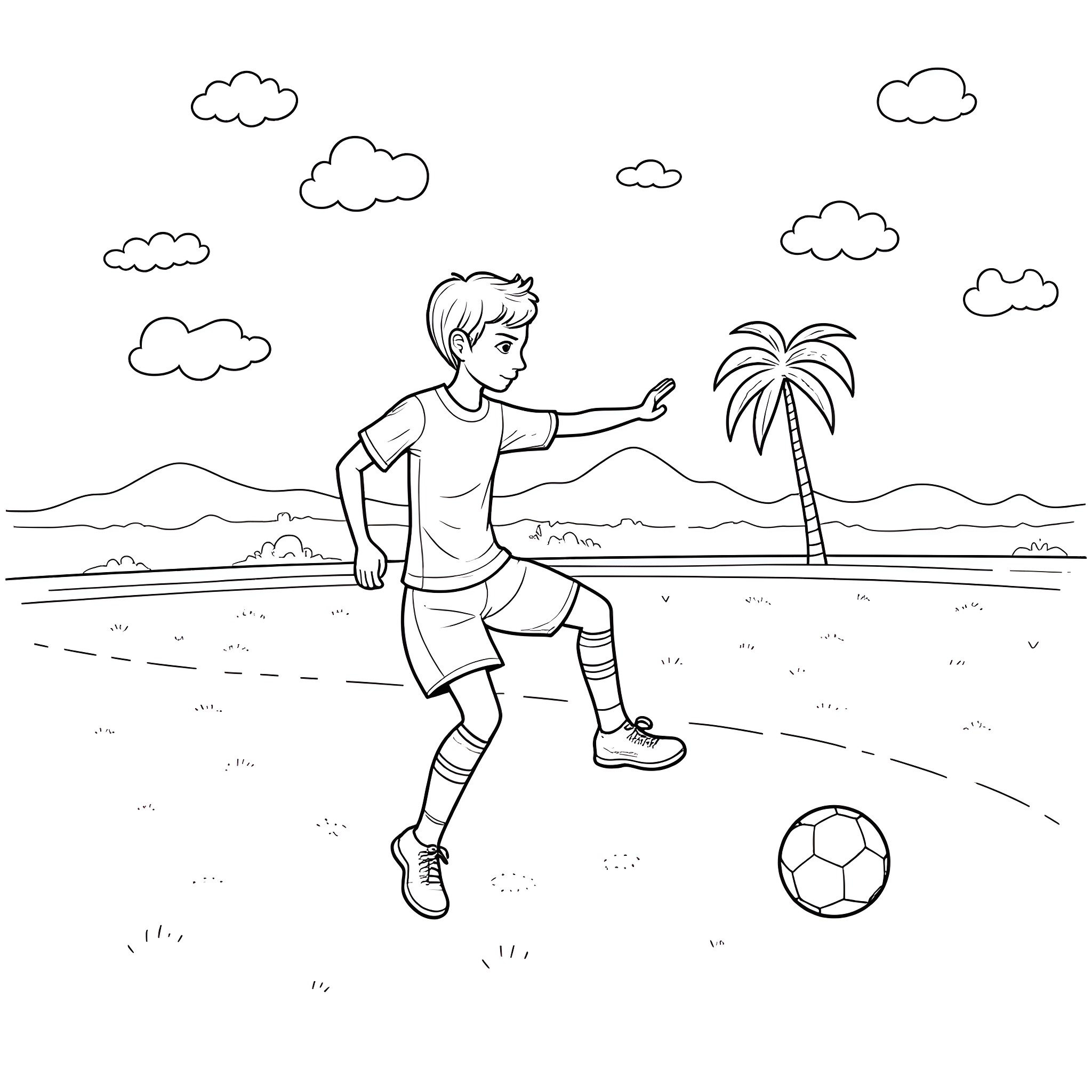 Bluey playing soccer on the beach Coloring Page (free black-and-white line drawing printable PDF for all, from beginners to advanced learners, including children, teens, adults, and seniors)