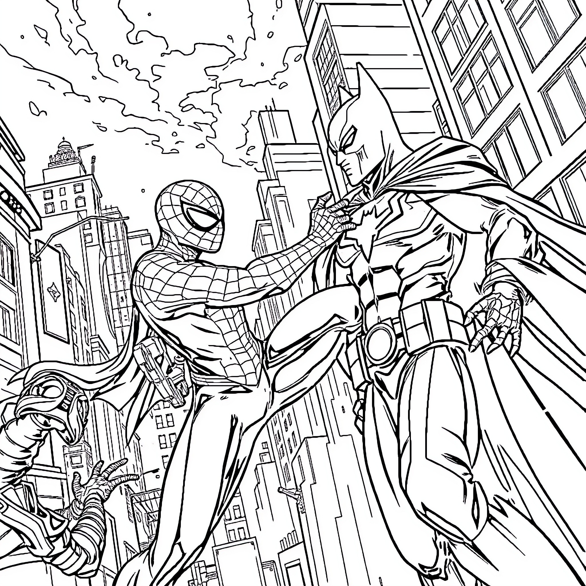 Spiderman and Batman Fighting Villains in the City Coloring Page (free black-and-white line drawing printable PDF for all, from beginners to advanced learners, including children, teens, adults, and seniors)