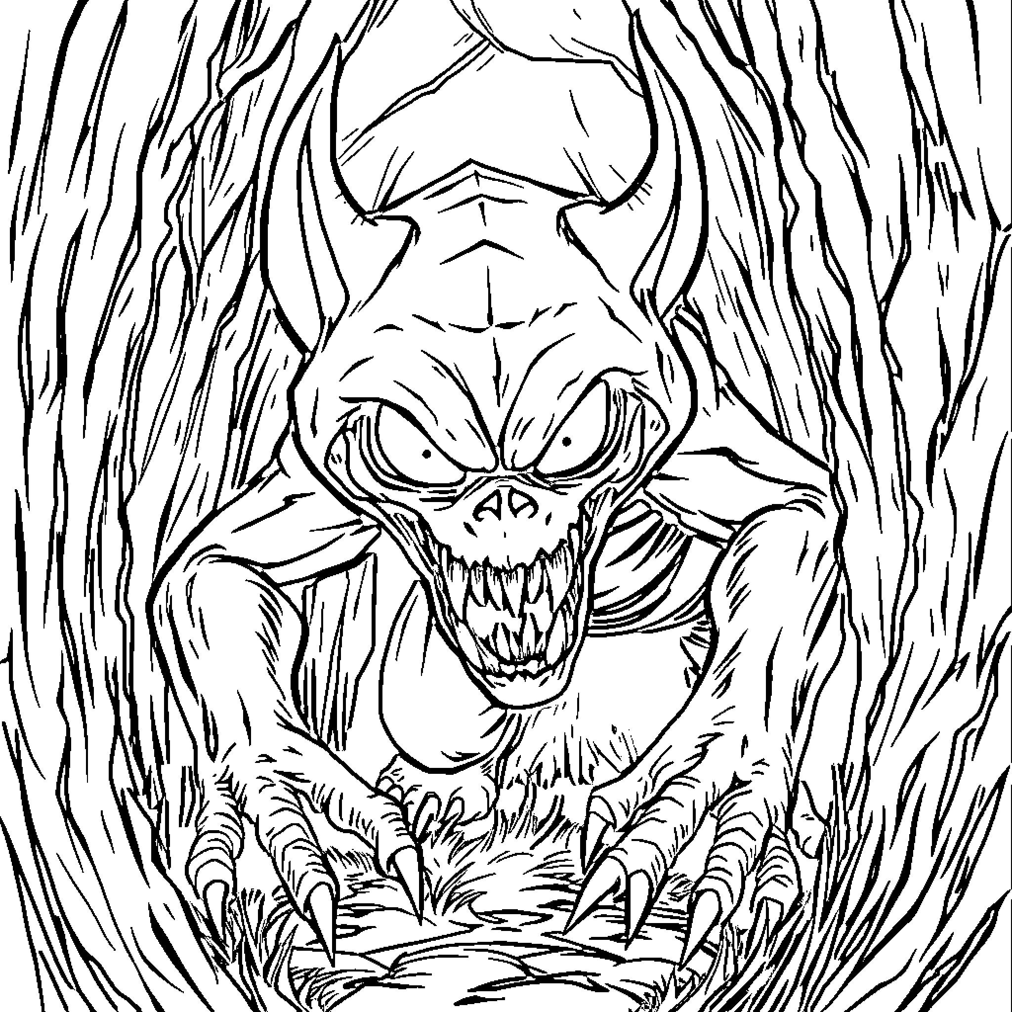 Huntrix Fearsome Creature Lurking in Shadows Coloring Page (free black-and-white line drawing printable PDF for all, from beginners to advanced learners, including children, teens, adults, and seniors)
