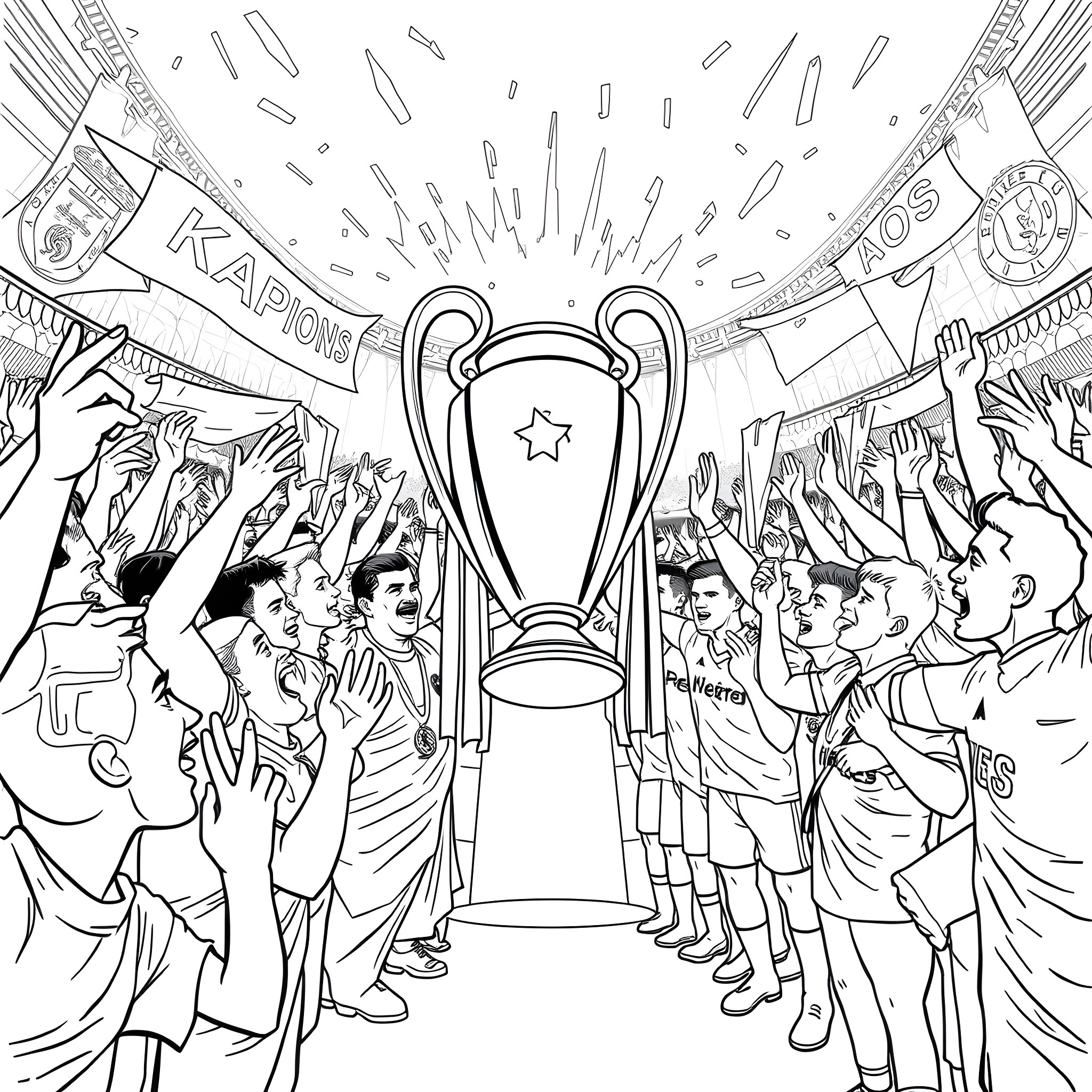 Kvara - Football Champions Lift the Trophy Coloring Page (free black-and-white line drawing printable PDF for all, from beginners to advanced learners, including children, teens, adults, and seniors)