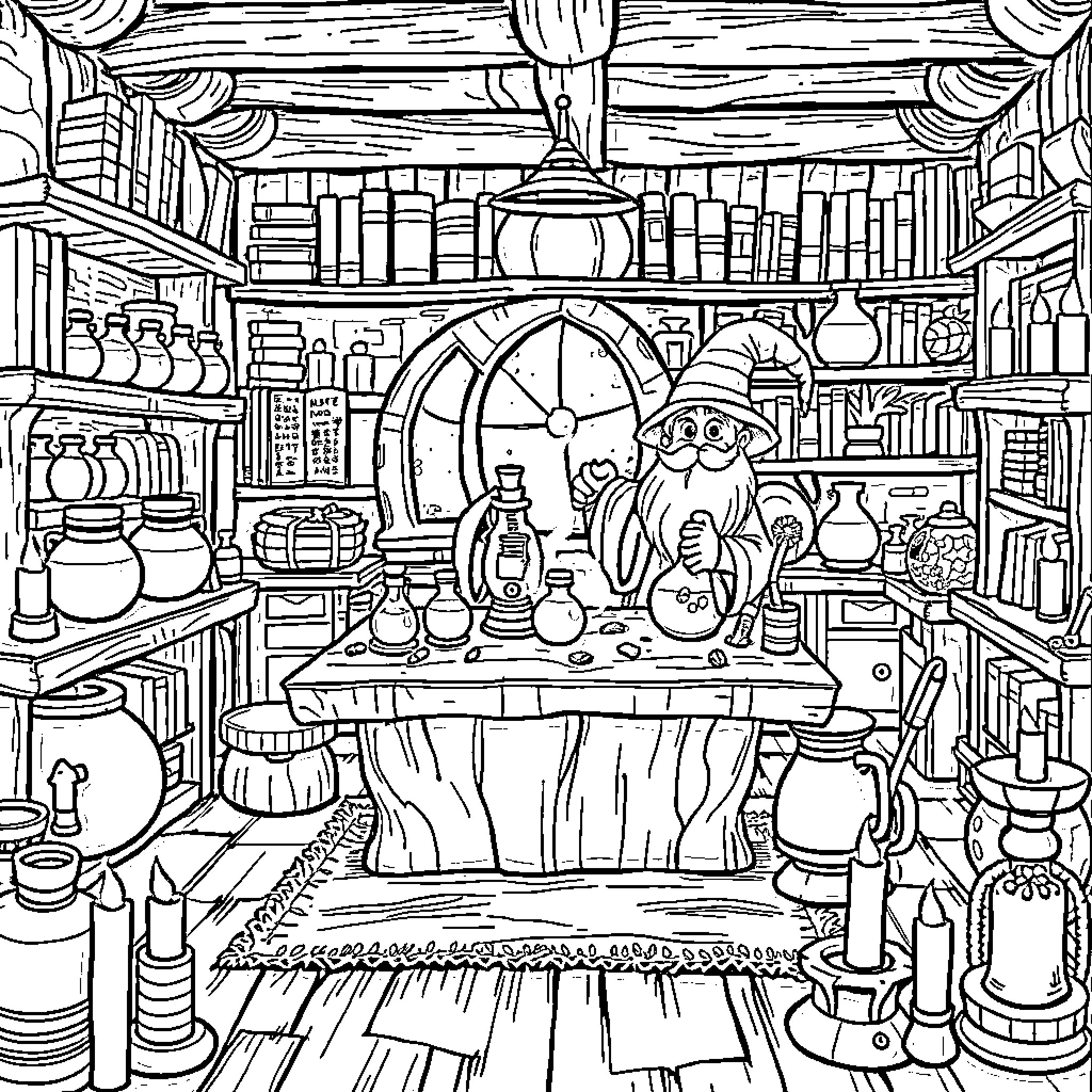 Wizard's Enchanted Workshop Coloring Page (free black-and-white line drawing printable PDF for all, from beginners to advanced learners, including children, teens, adults, and seniors)