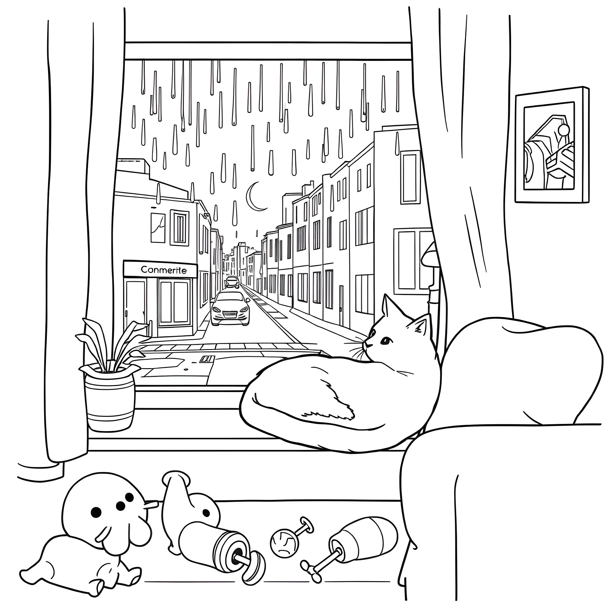 Cat relaxing by the window on a rainy day Coloring Page (free black-and-white line drawing printable PDF for all, from beginners to advanced learners, including children, teens, adults, and seniors)
