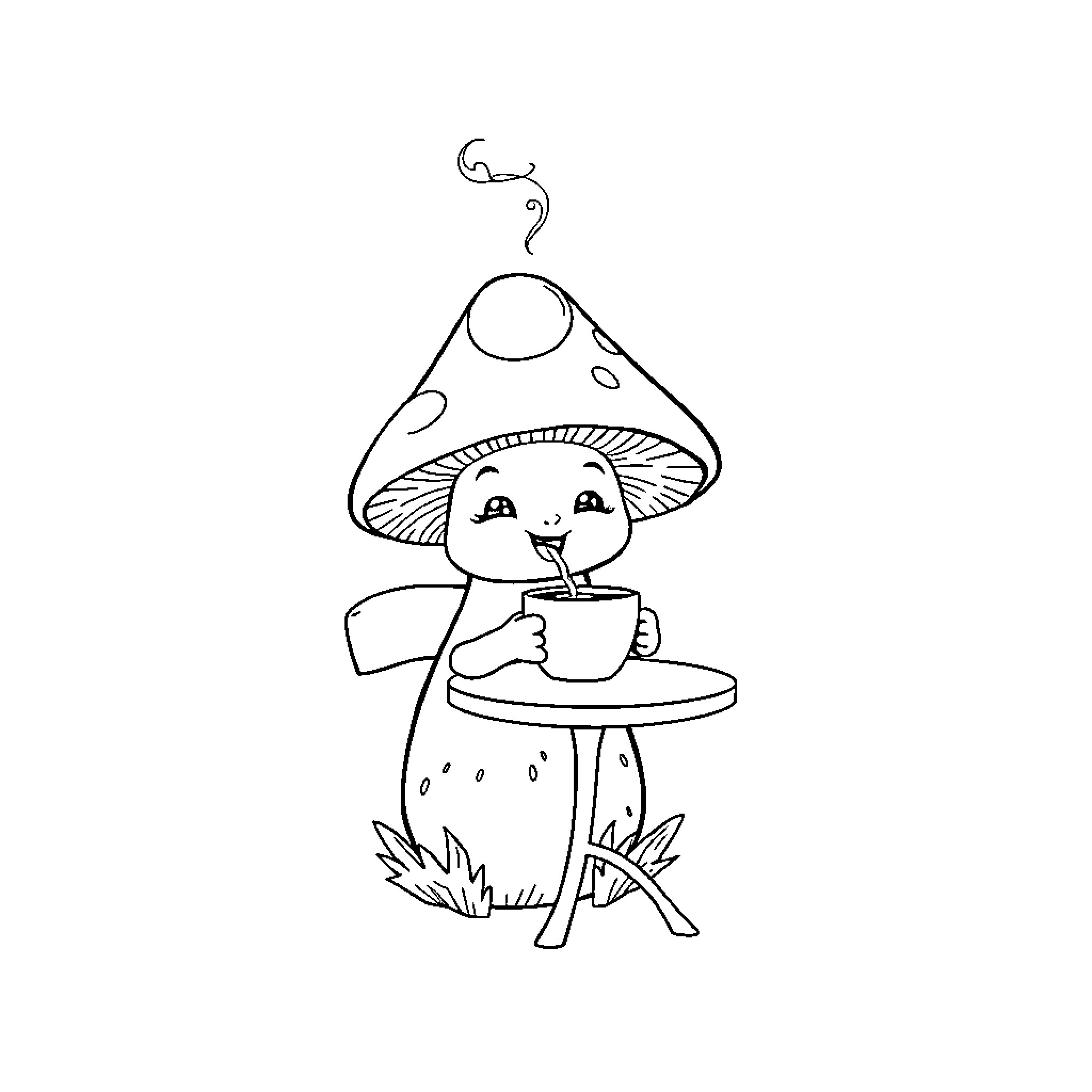 Mushroom character enjoying a warm beverage Coloring Page (free black-and-white line drawing printable PDF for all, from beginners to advanced learners, including children, teens, adults, and seniors)