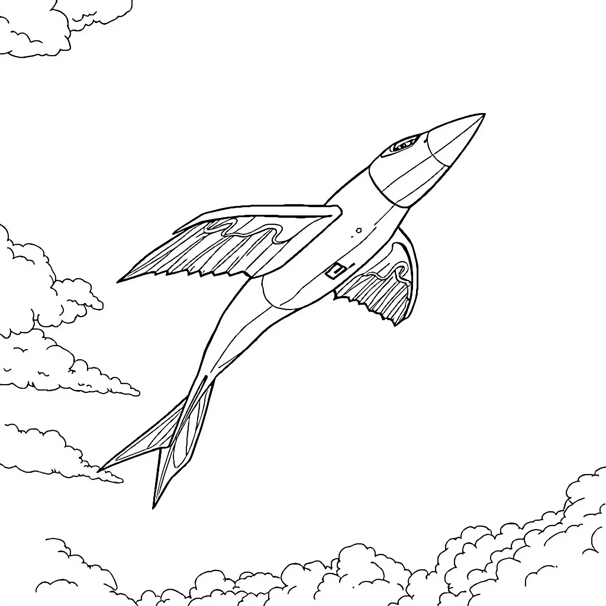 Rafale fighter jet soaring through the clouds Coloring Page (free black-and-white line drawing printable PDF for all, from beginners to advanced learners, including children, teens, adults, and seniors)