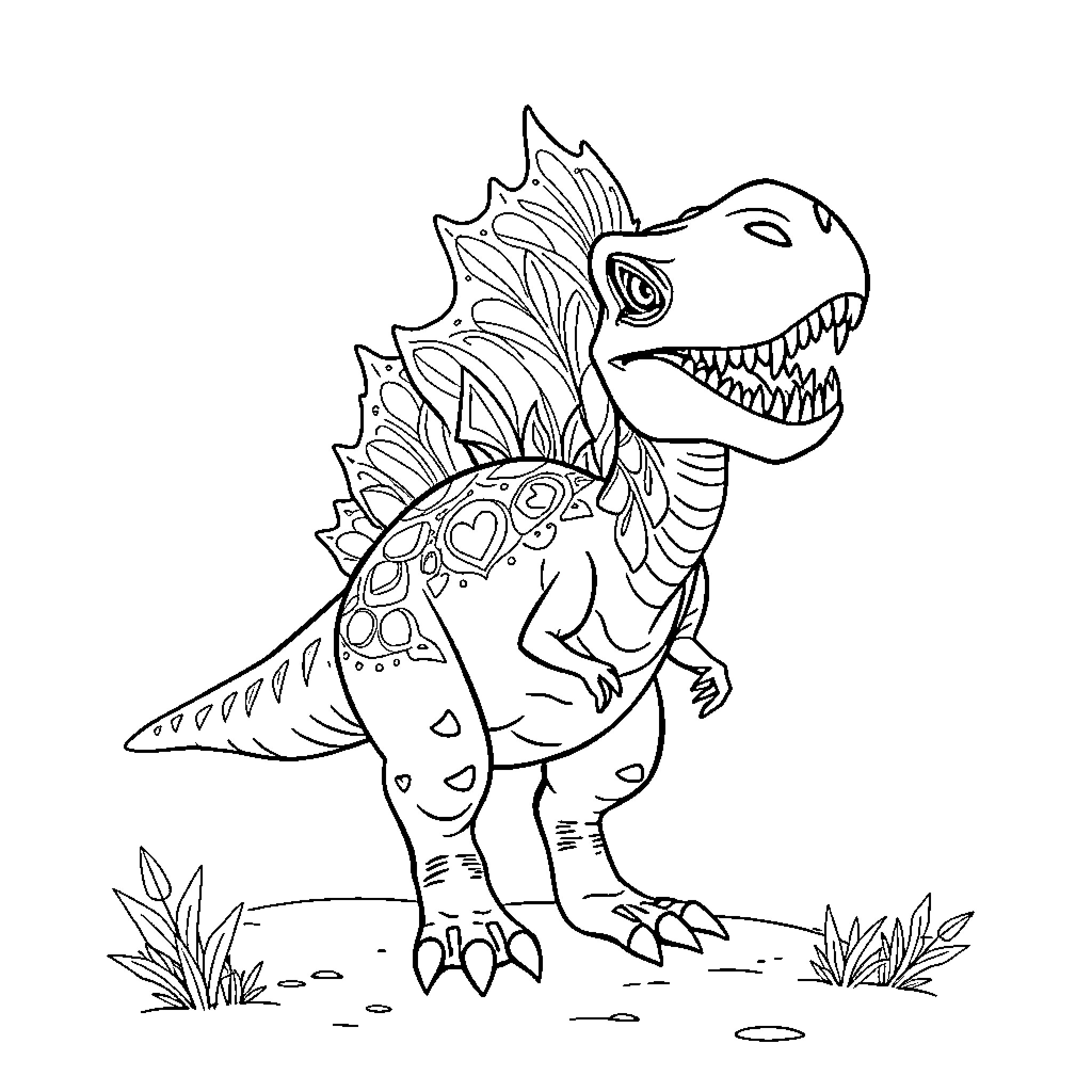 Dinosaur roaring fiercely in the wild Coloring Page (free black-and-white line drawing printable PDF for all, from beginners to advanced learners, including children, teens, adults, and seniors)