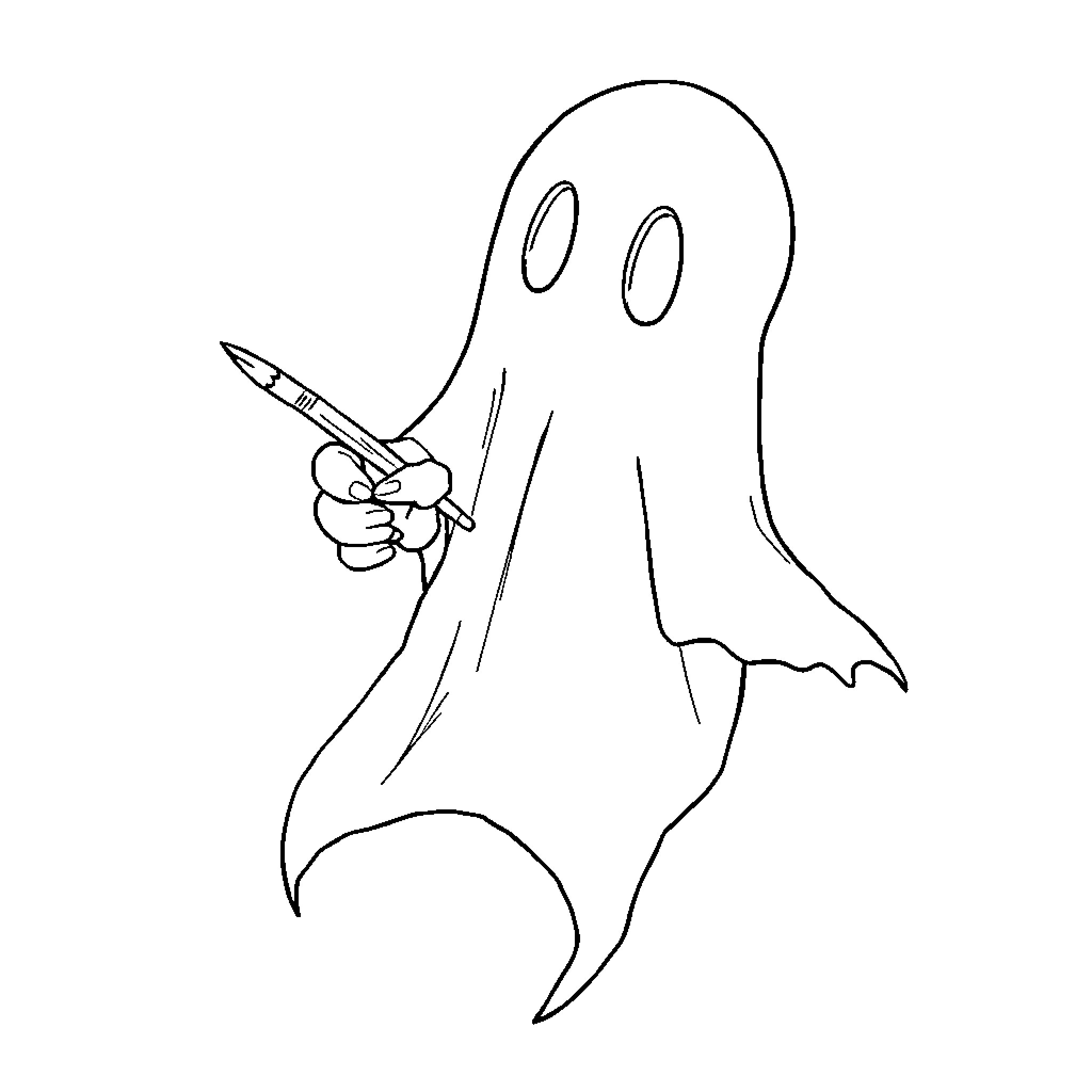 Ghost holding a pencil Coloring Page (free black-and-white line drawing printable PDF for all, from beginners to advanced learners, including children, teens, adults, and seniors)