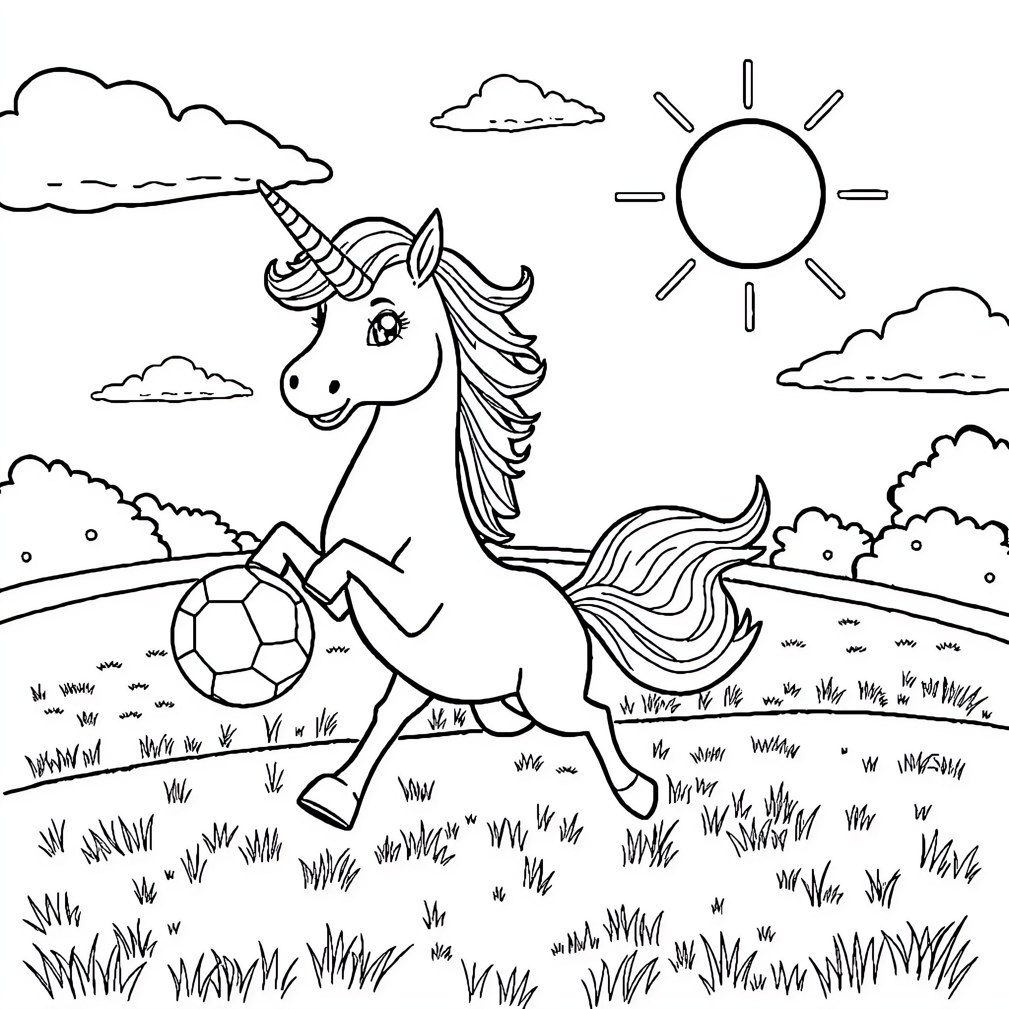 Unicorn playing happily with soccer ball in the field Coloring Page (free black-and-white line drawing printable PDF for all, from beginners to advanced learners, including children, teens, adults, and seniors)