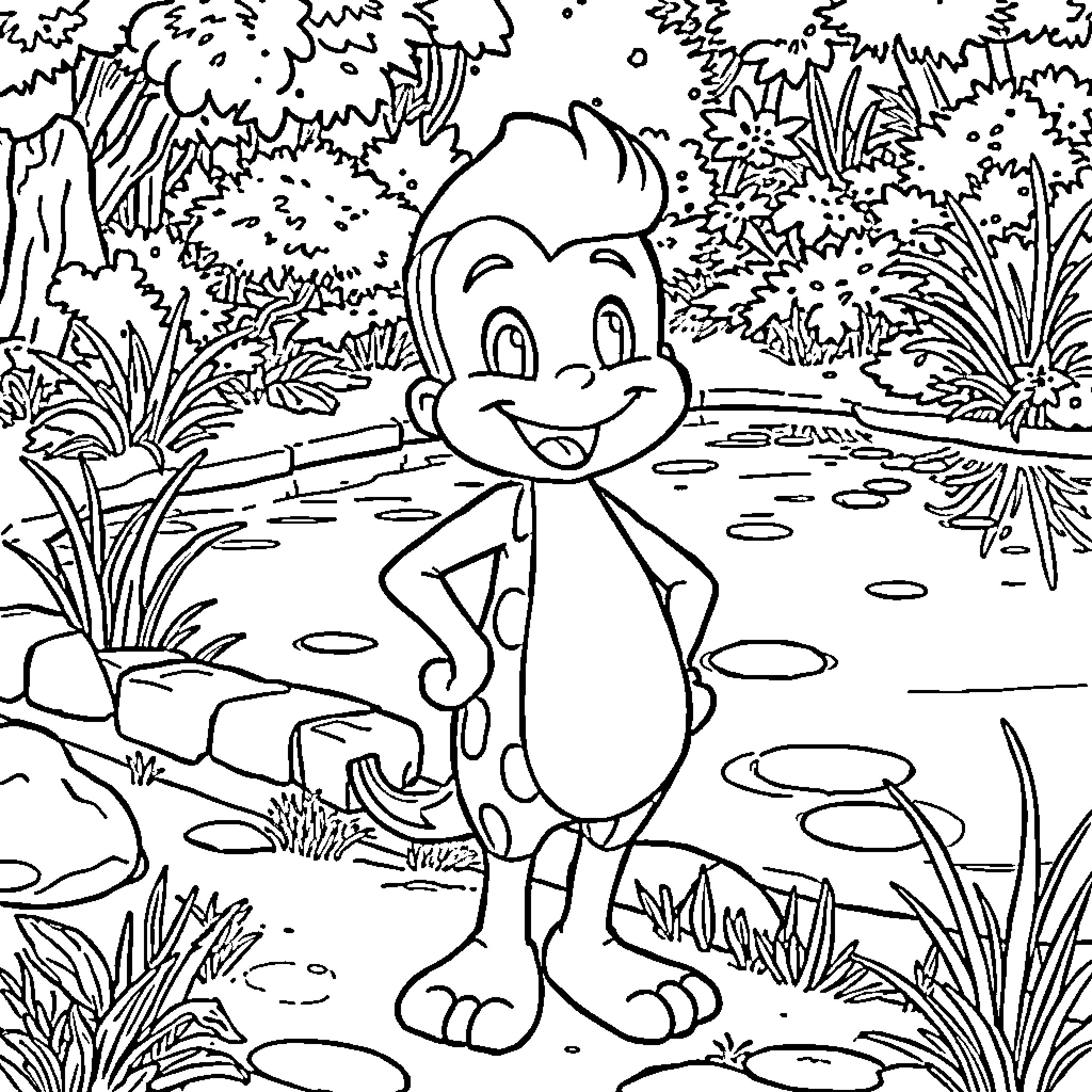 Pato Lucas enjoying a day in the nature Coloring Page (free black-and-white line drawing printable PDF for all, from beginners to advanced learners, including children, teens, adults, and seniors)
