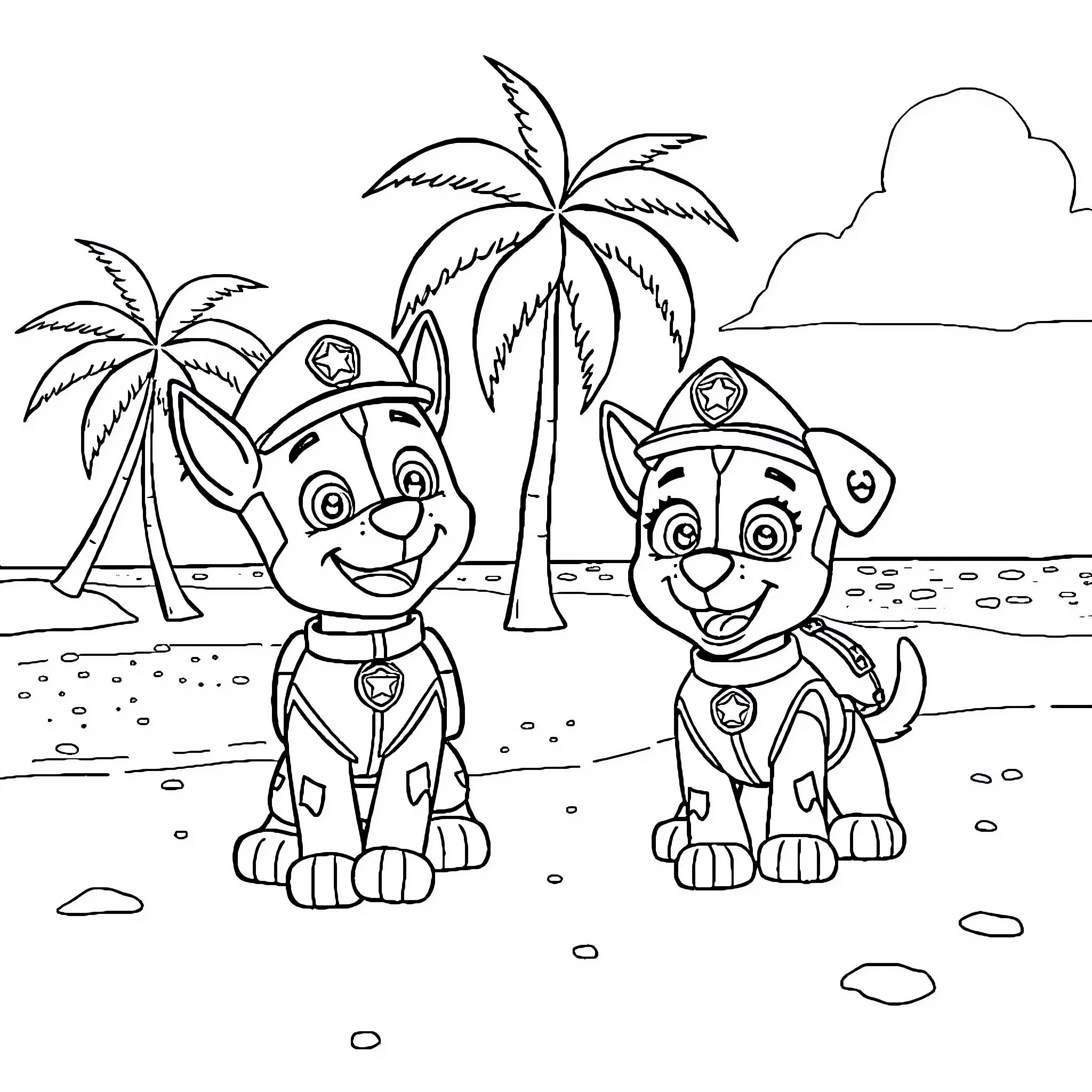 Paw Patrol Rescue Dogs on a Tropical Beach Coloring Page (free black-and-white line drawing printable PDF for all, from beginners to advanced learners, including children, teens, adults, and seniors)