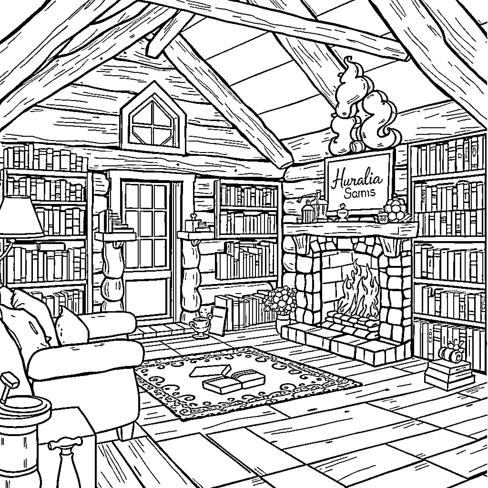 Cabin interior with bookshelves and fireplace Coloring Page (free black-and-white line drawing printable PDF for all, from beginners to advanced learners, including children, teens, adults, and seniors)