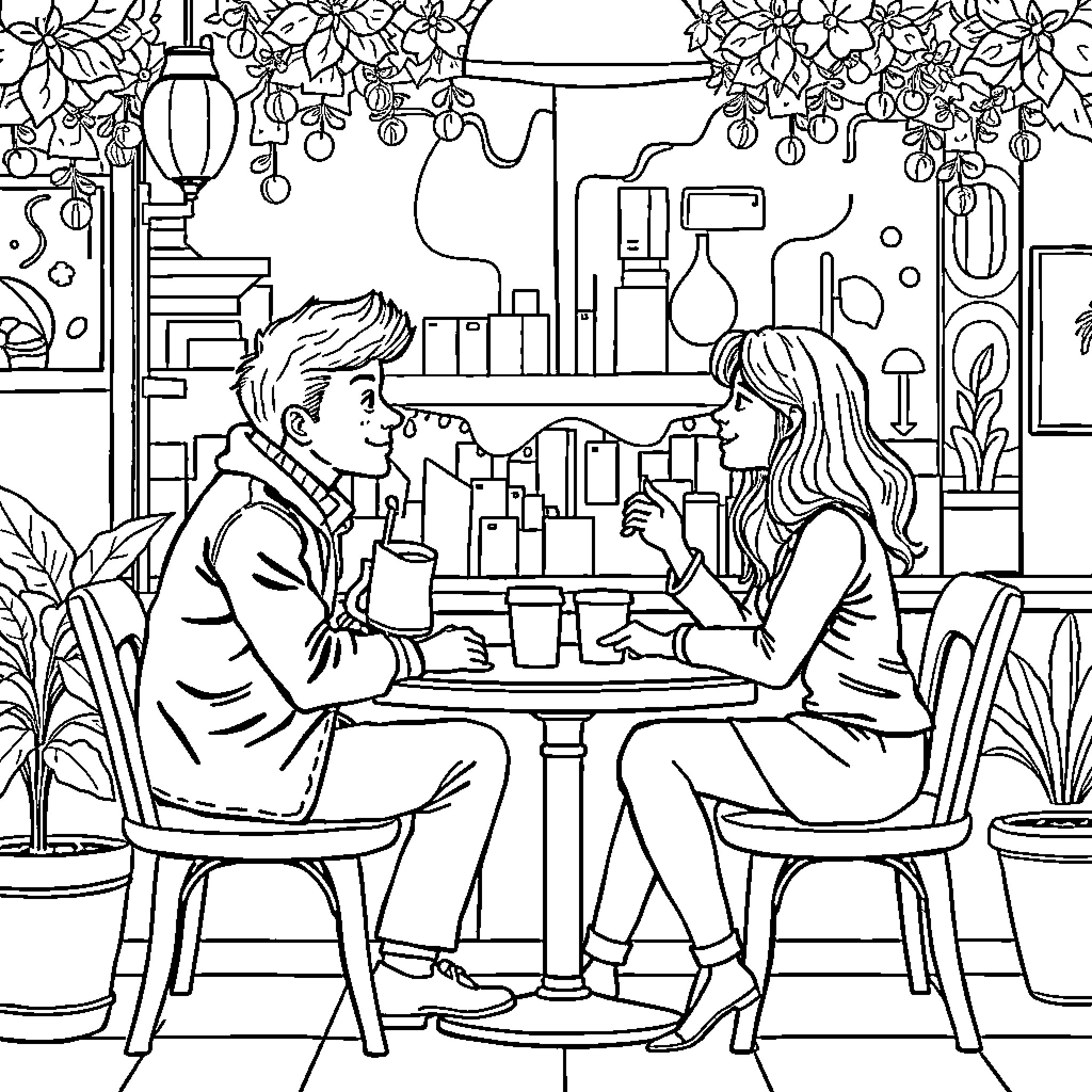 Chat over coffee in a cozy cafe Coloring Page (free black-and-white line drawing printable PDF for all, from beginners to advanced learners, including children, teens, adults, and seniors)