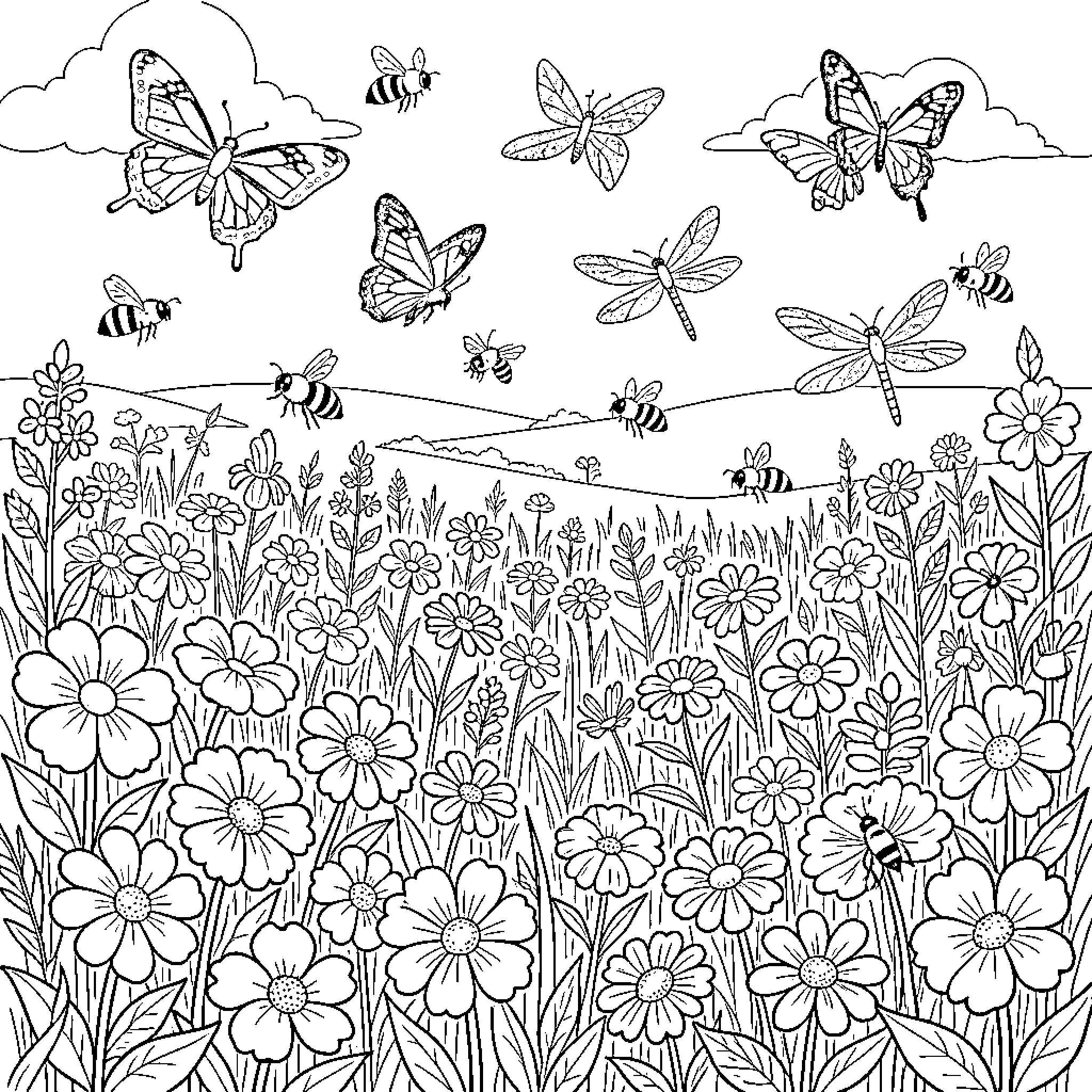 Insect friends in a blooming meadow Coloring Page (free black-and-white line drawing printable PDF for all, from beginners to advanced learners, including children, teens, adults, and seniors)