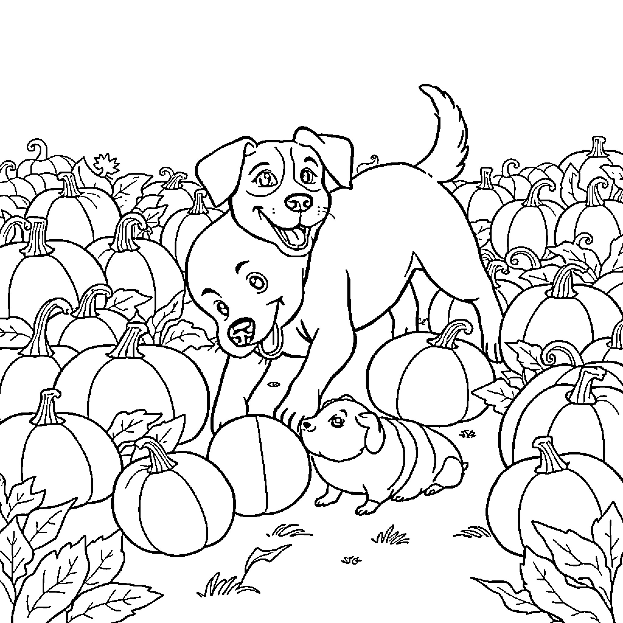 Dog and puppies playing among pumpkins Coloring Page (free black-and-white line drawing printable PDF for all, from beginners to advanced learners, including children, teens, adults, and seniors)