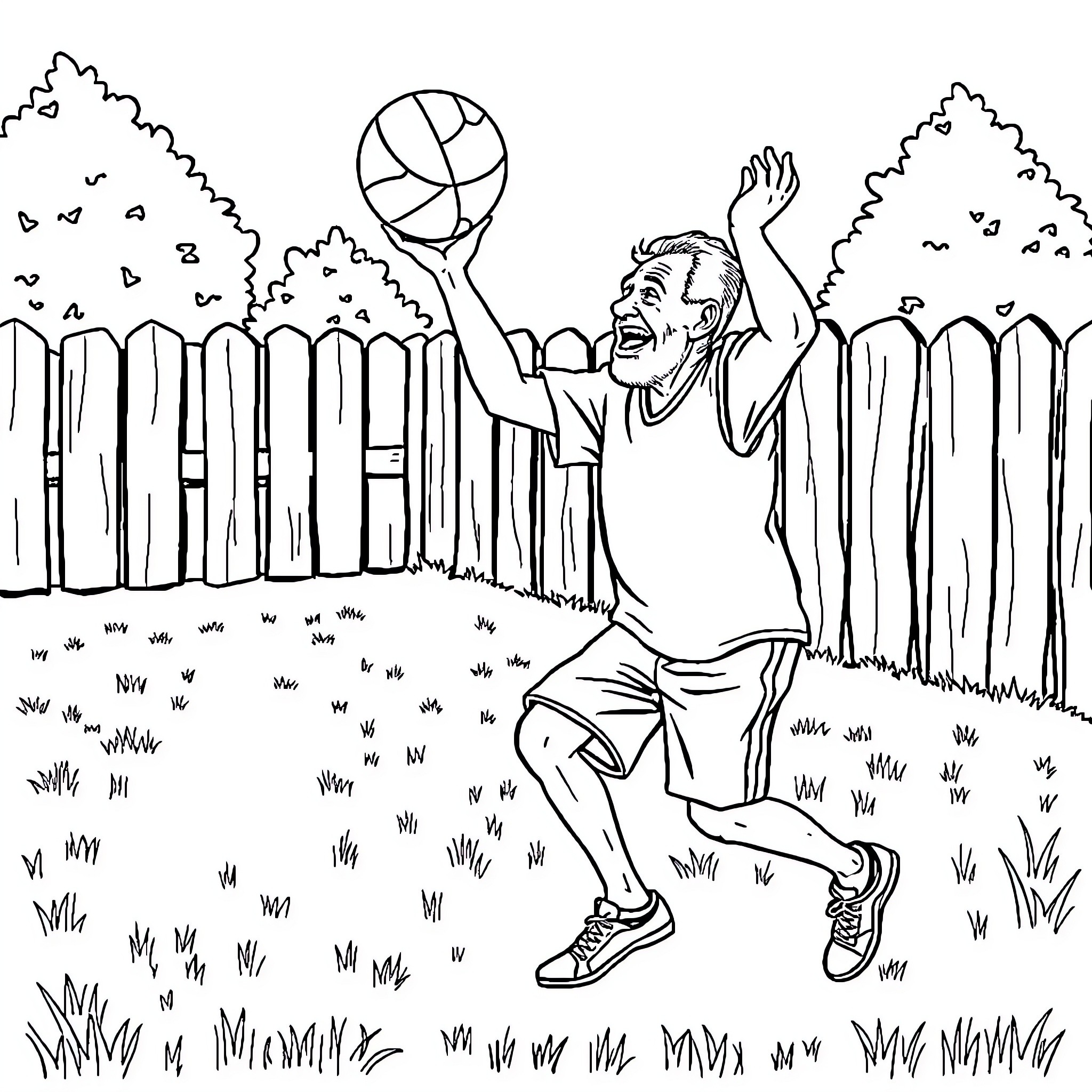 Man playing joyfully with basketball in the park Coloring Page (free black-and-white line drawing printable PDF for all, from beginners to advanced learners, including children, teens, adults, and seniors)