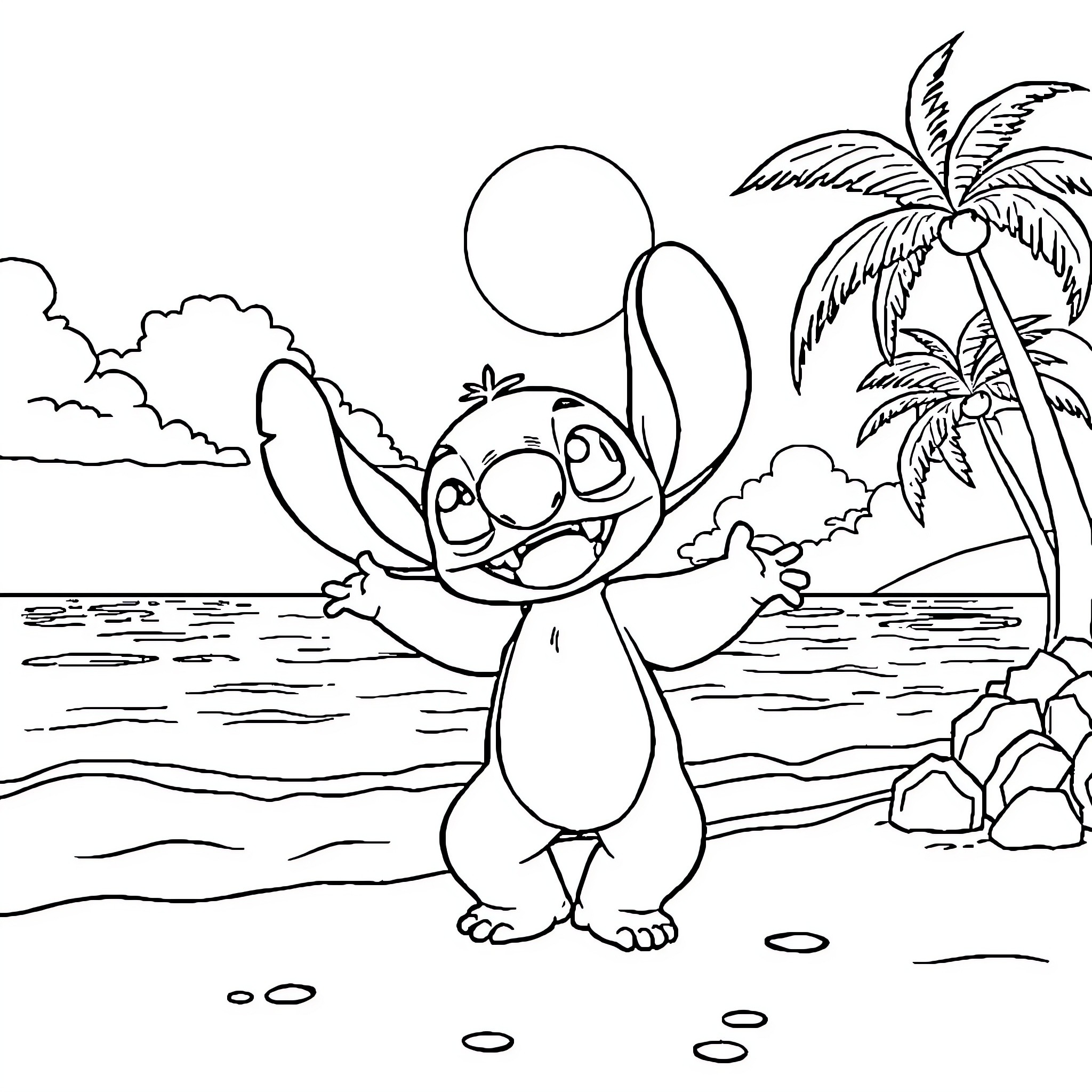 Stitch enjoying the beach with palm trees Coloring Page (free black-and-white line drawing printable PDF for all, from beginners to advanced learners, including children, teens, adults, and seniors)