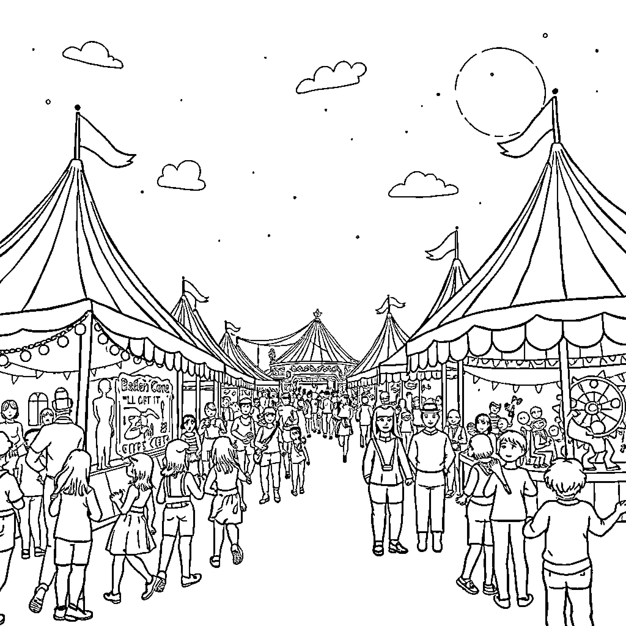 Fair Scene of People and Festivities Coloring Page (free black-and-white line drawing printable PDF for all, from beginners to advanced learners, including children, teens, adults, and seniors)