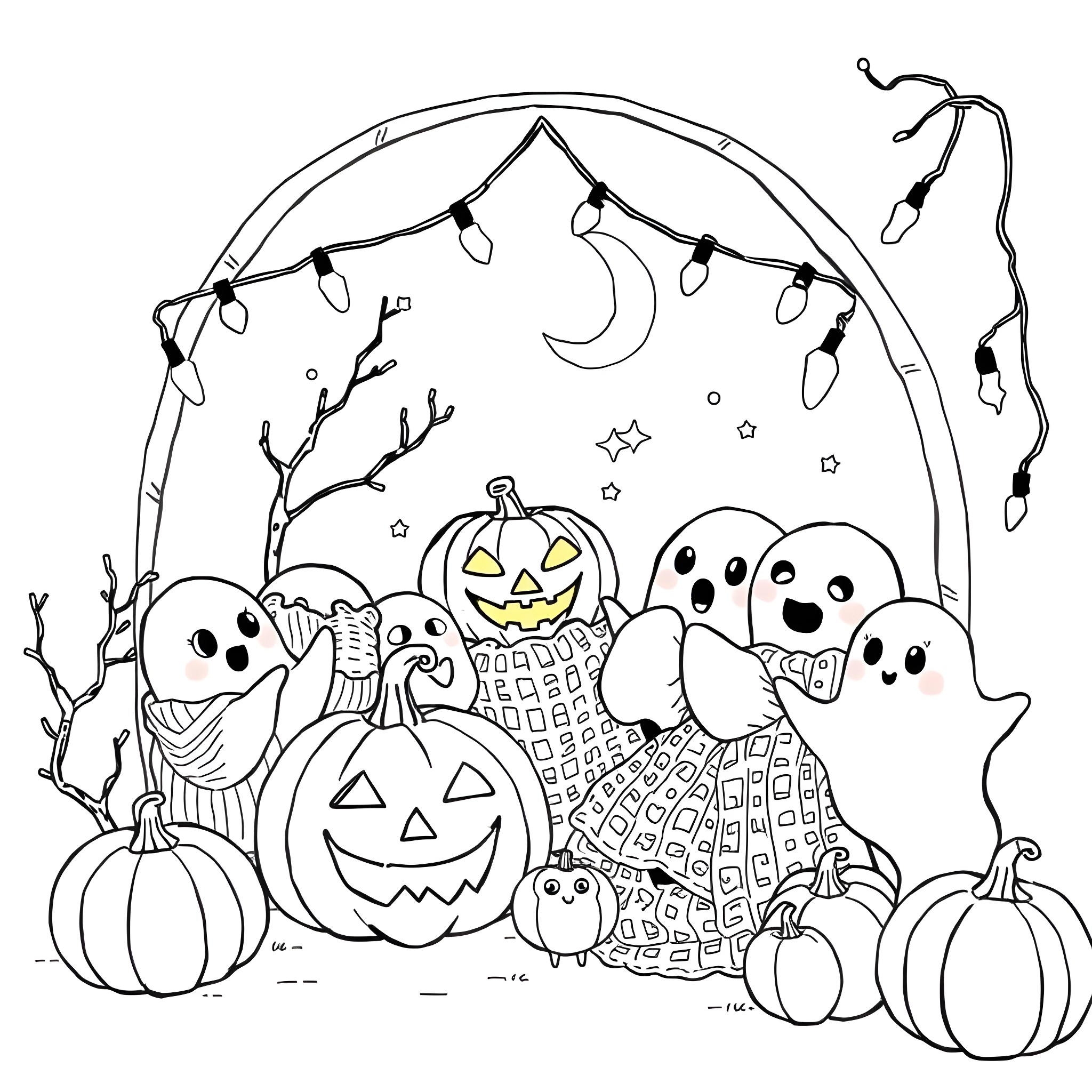 Hygge Halloween Celebration with Spooky Friends Coloring Page (free black-and-white line drawing printable PDF for all, from beginners to advanced learners, including children, teens, adults, and seniors)