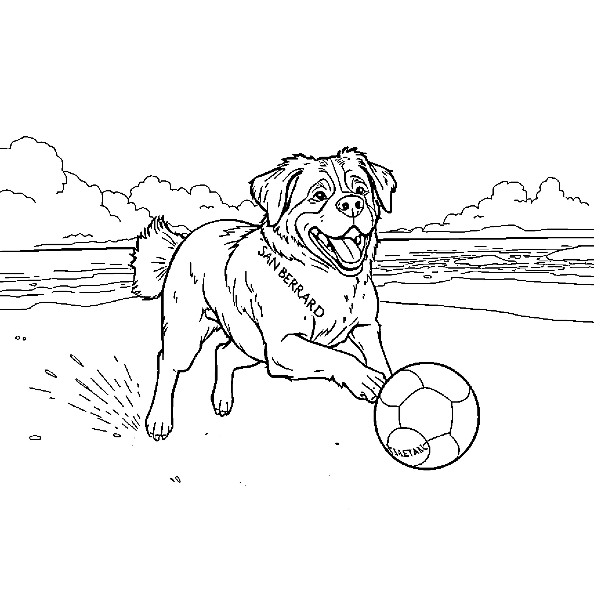 Perro playing happily with ball on the beach Coloring Page (free black-and-white line drawing printable PDF for all, from beginners to advanced learners, including children, teens, adults, and seniors)