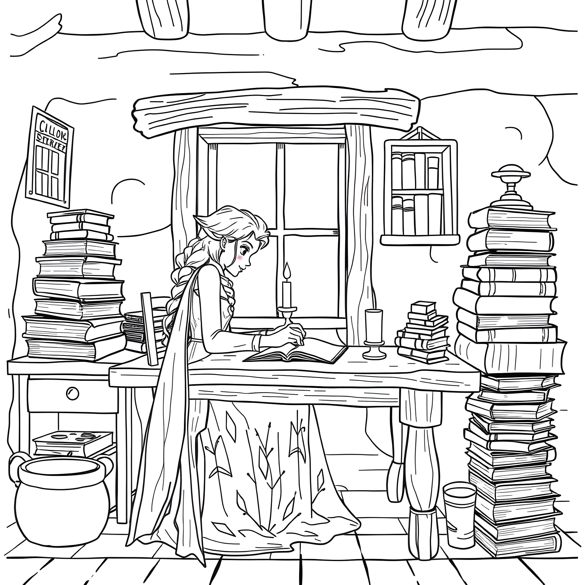 Elsa's Cozy Study Retreat Coloring Page (free black-and-white line drawing printable PDF for all, from beginners to advanced learners, including children, teens, adults, and seniors)
