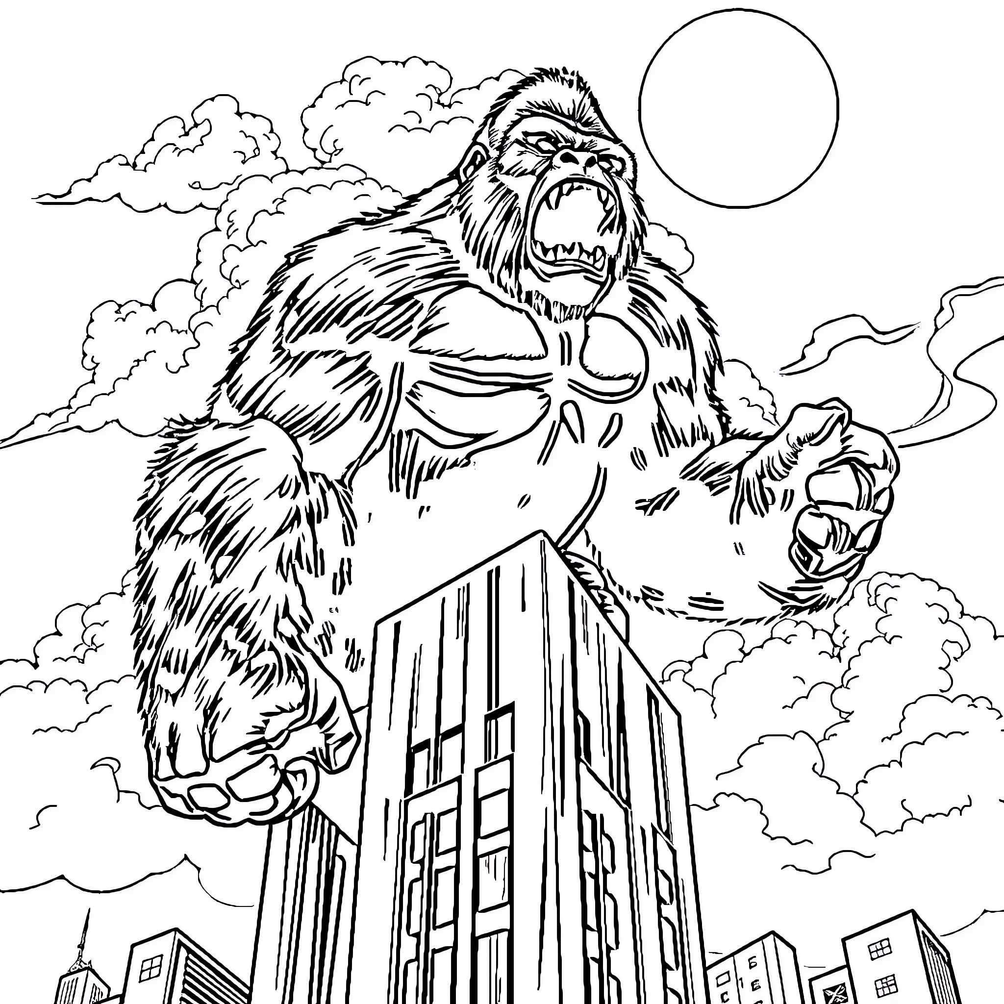 King Kong terrorizing city with rampaging power Coloring Page (free black-and-white line drawing printable PDF for all, from beginners to advanced learners, including children, teens, adults, and seniors)