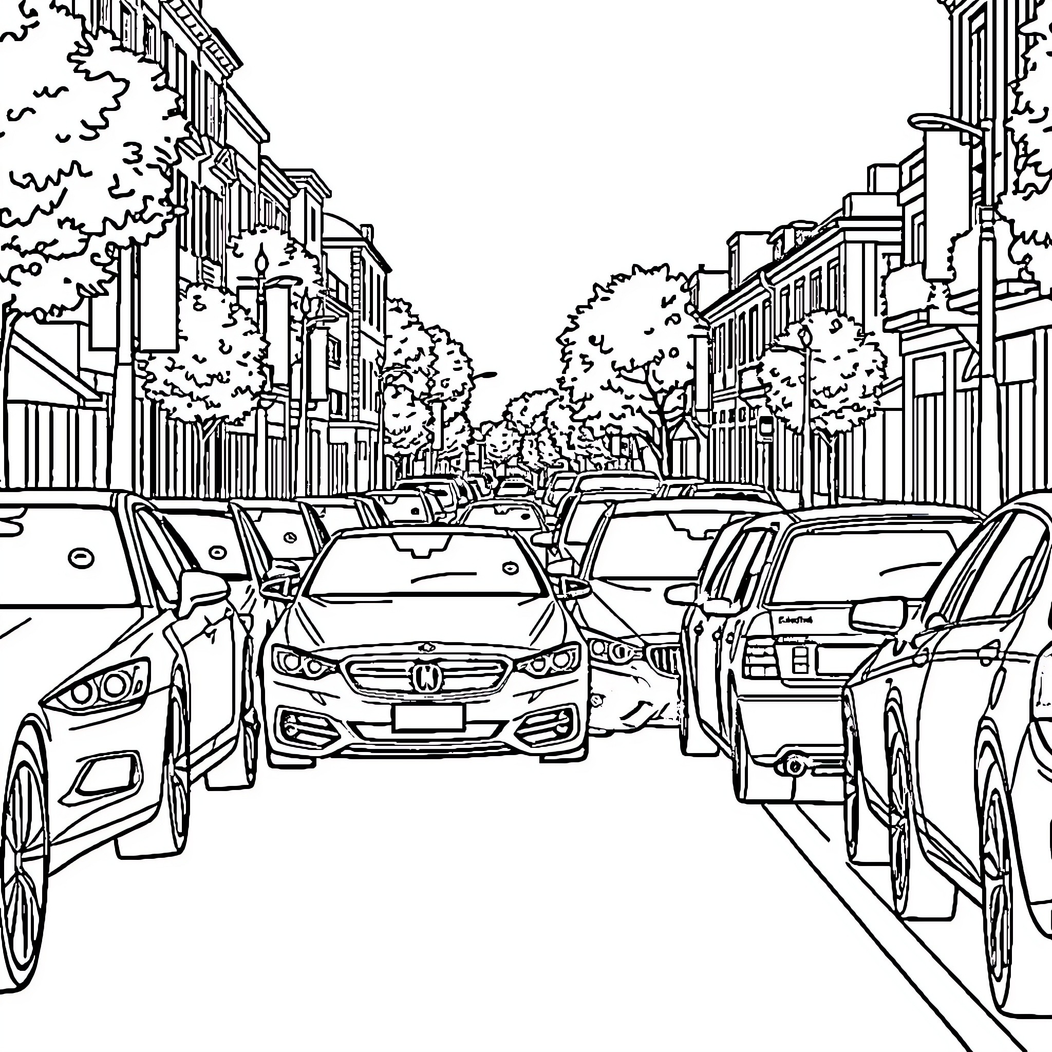 Cars Parked on a Busy City Street Coloring Page (free black-and-white line drawing printable PDF for all, from beginners to advanced learners, including children, teens, adults, and seniors)