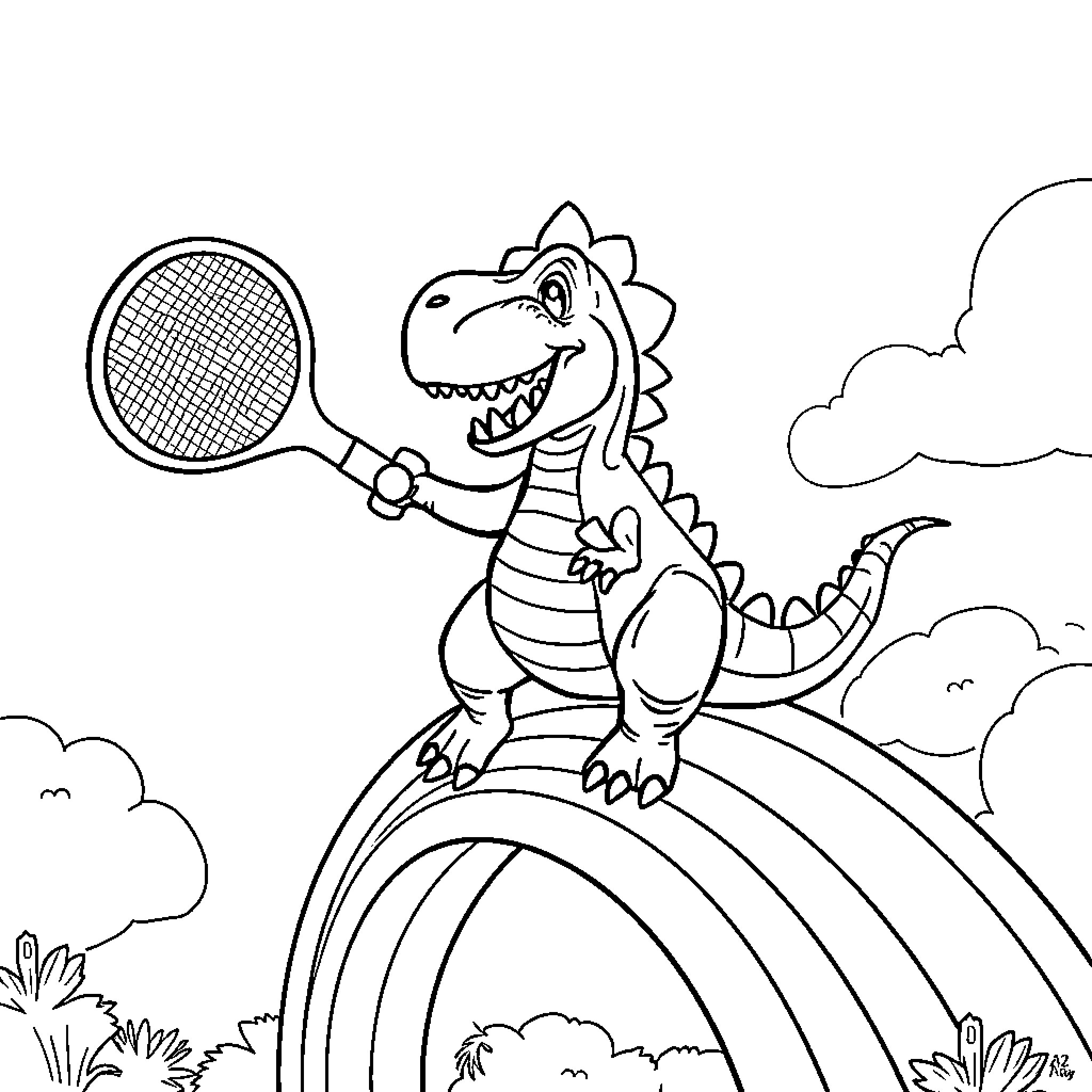 Dinosaur playing tennis on a rainbow Coloring Page (free black-and-white line drawing printable PDF for all, from beginners to advanced learners, including children, teens, adults, and seniors)