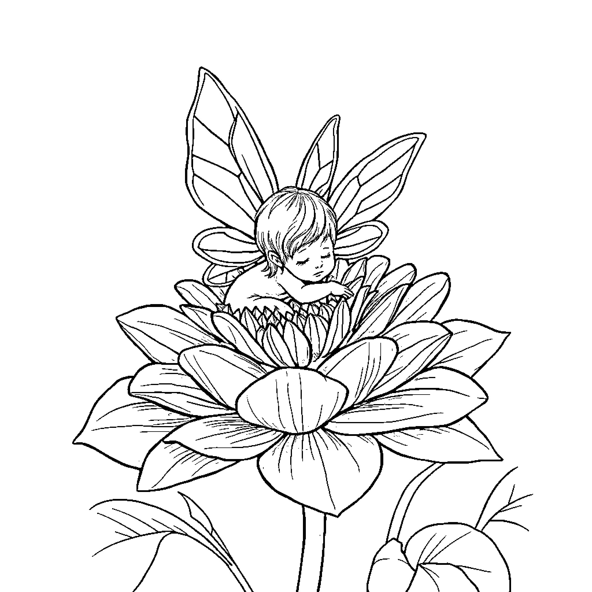 Fairy resting on a large flower Coloring Page (free black-and-white line drawing printable PDF for all, from beginners to advanced learners, including children, teens, adults, and seniors)