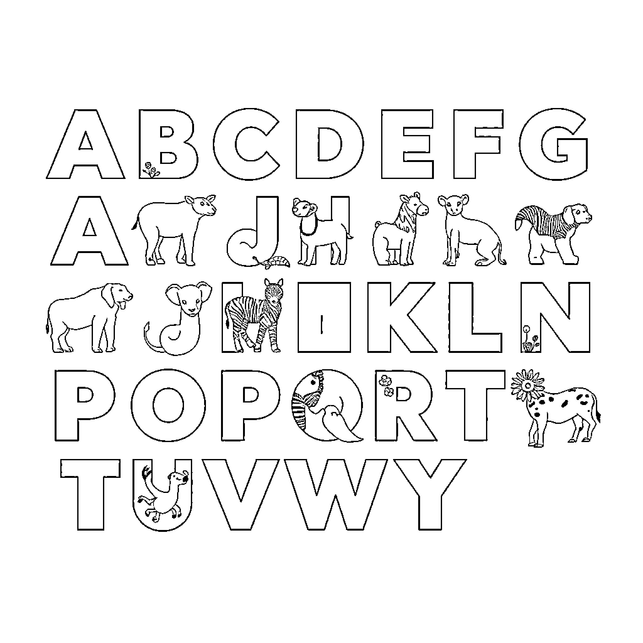 Animal alphabet with illustrated letters and animals Coloring Page (free black-and-white line drawing printable PDF for all, from beginners to advanced learners, including children, teens, adults, and seniors)