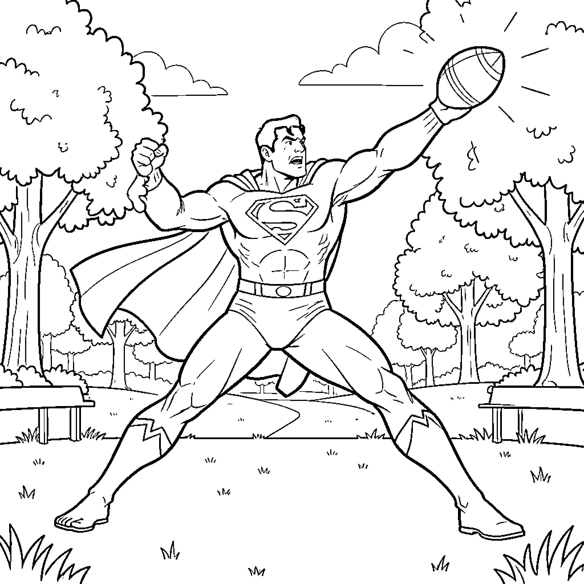 Superman soaring through the sky with determination Coloring Page (free black-and-white line drawing printable PDF for all, from beginners to advanced learners, including children, teens, adults, and seniors)