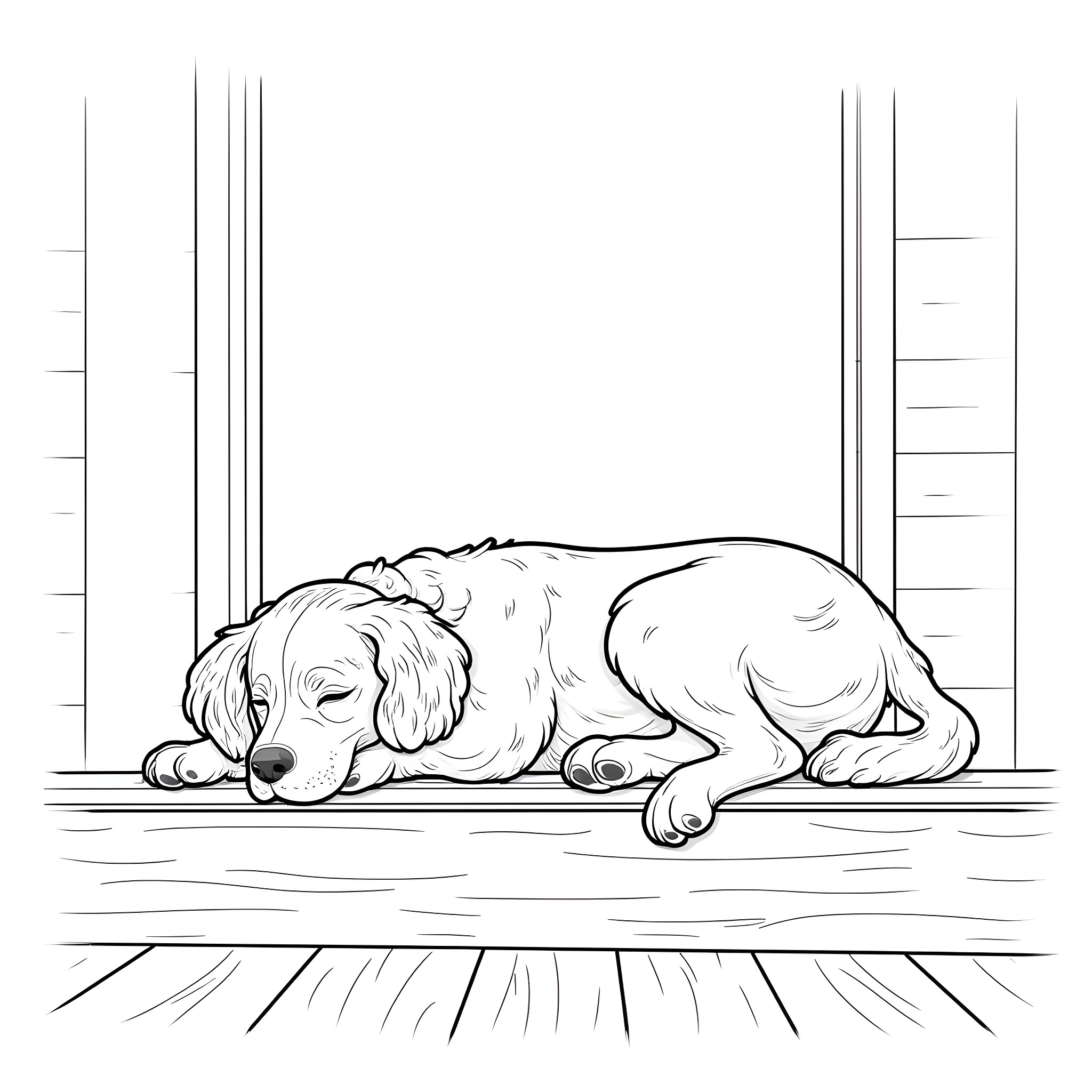 Cavalier pup resting peacefully indoors Coloring Page (free black-and-white line drawing printable PDF for all, from beginners to advanced learners, including children, teens, adults, and seniors)