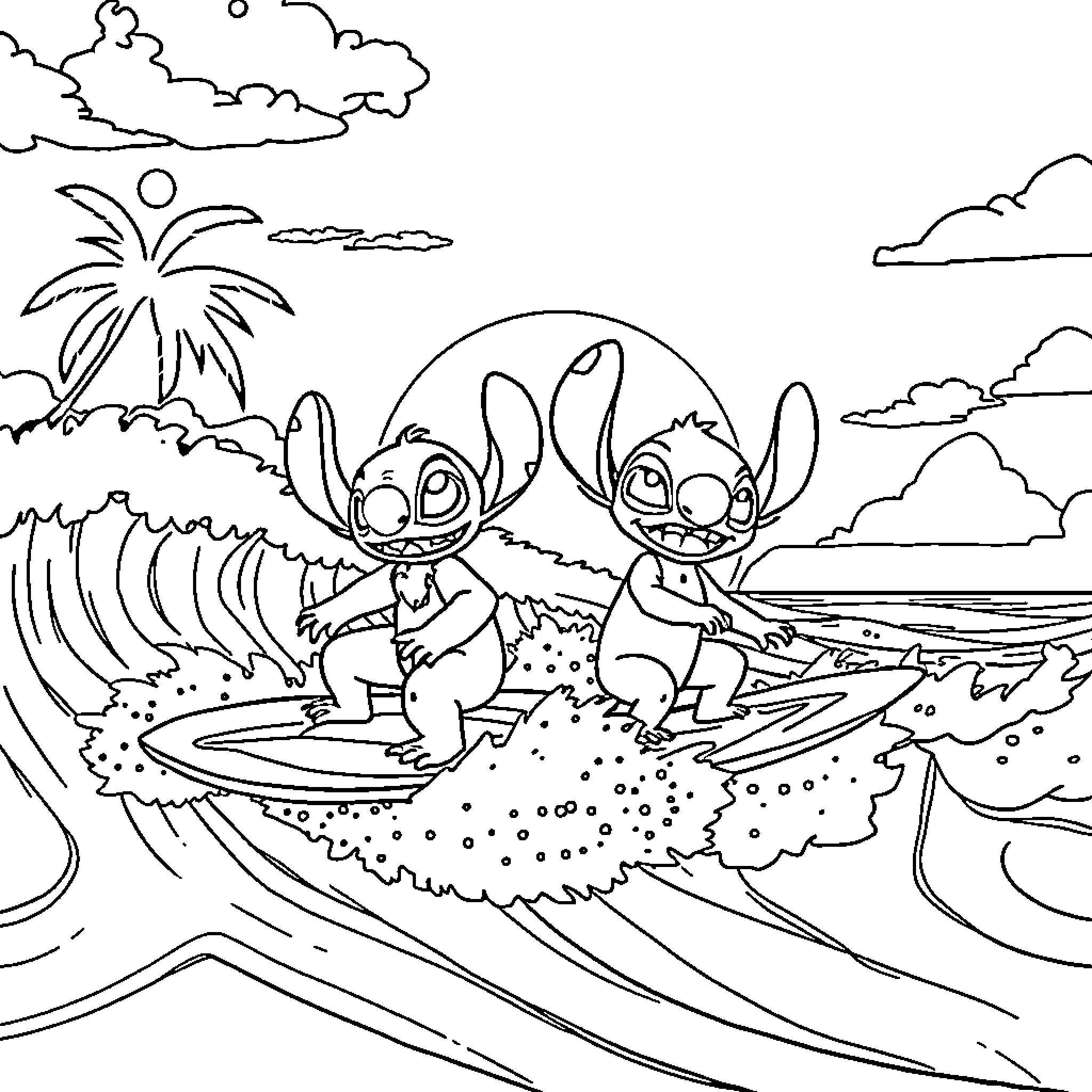 Lilo and Stitch enjoying a fun beach adventure Coloring Page (free black-and-white line drawing printable PDF for all, from beginners to advanced learners, including children, teens, adults, and seniors)
