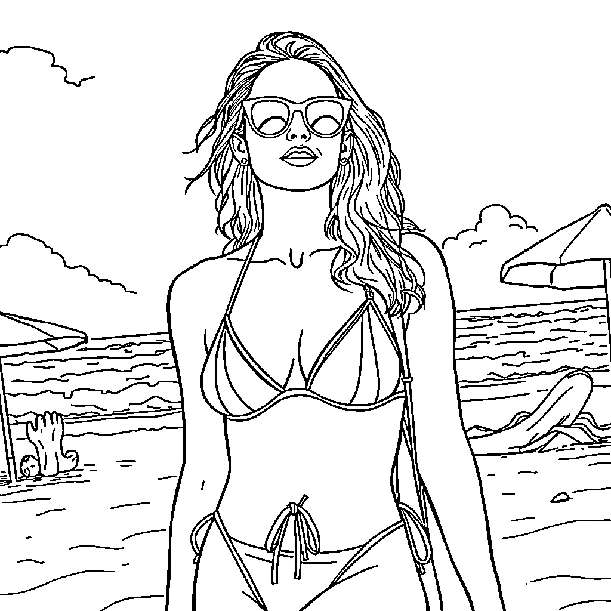 Natalie Portman enjoying a day at the beach Coloring Page (free black-and-white line drawing printable PDF for all, from beginners to advanced learners, including children, teens, adults, and seniors)