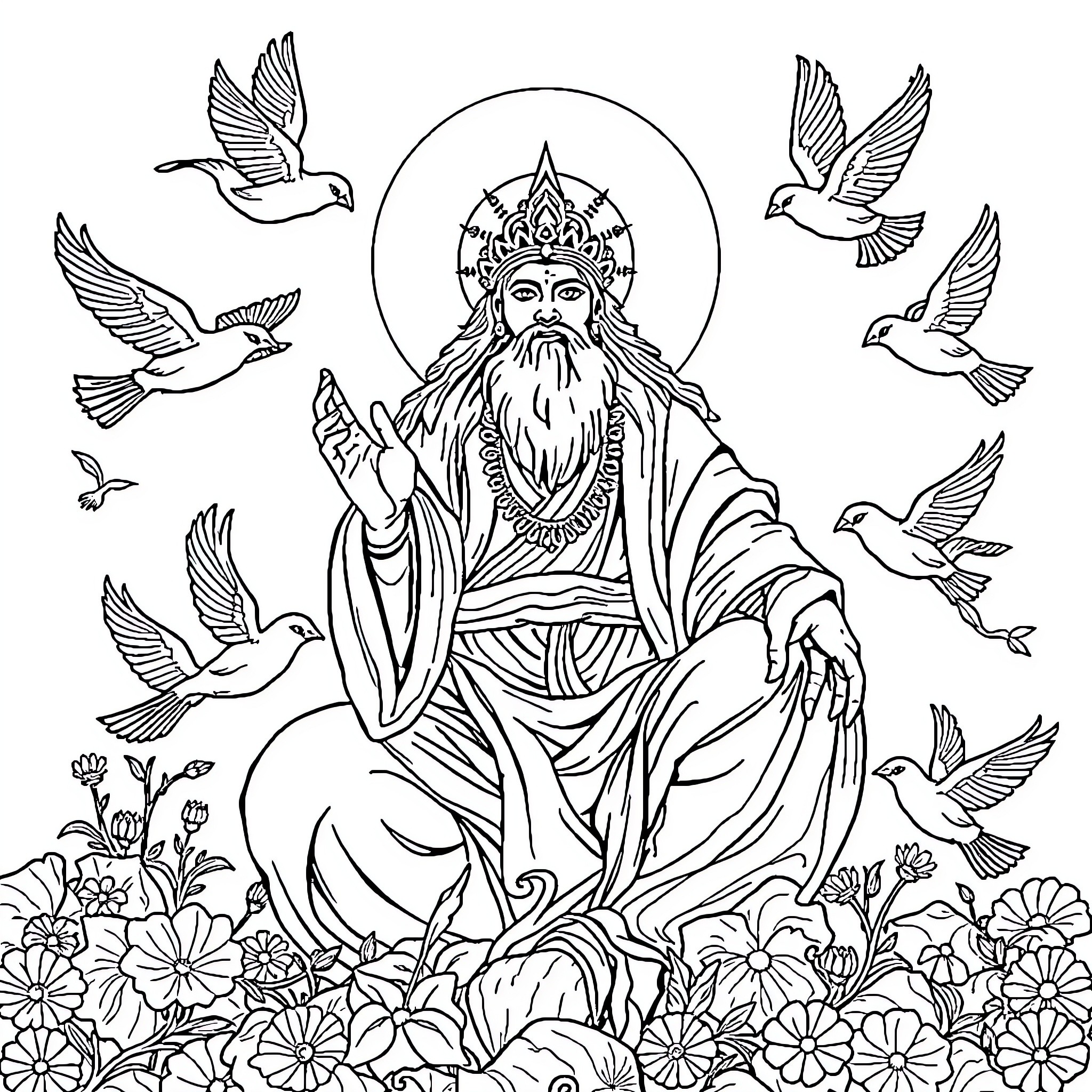 God's Ethereal Presence Amidst Heavenly Beings Coloring Page (free black-and-white line drawing printable PDF for all, from beginners to advanced learners, including children, teens, adults, and seniors)