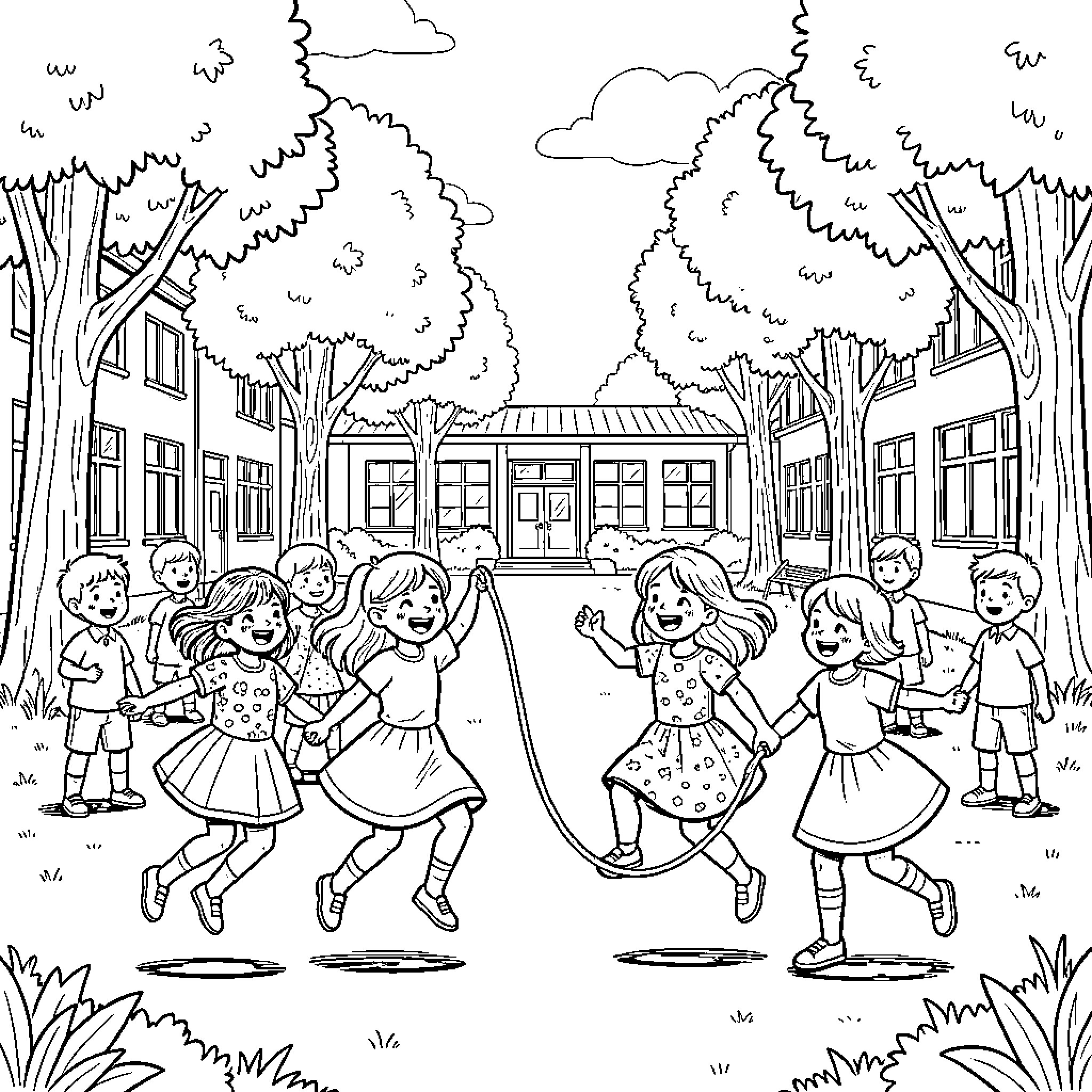 Mädchen springen fröhlich mit einem Seil im Schulhof Coloring Page (free black-and-white line drawing printable PDF for all, from beginners to advanced learners, including children, teens, adults, and seniors)