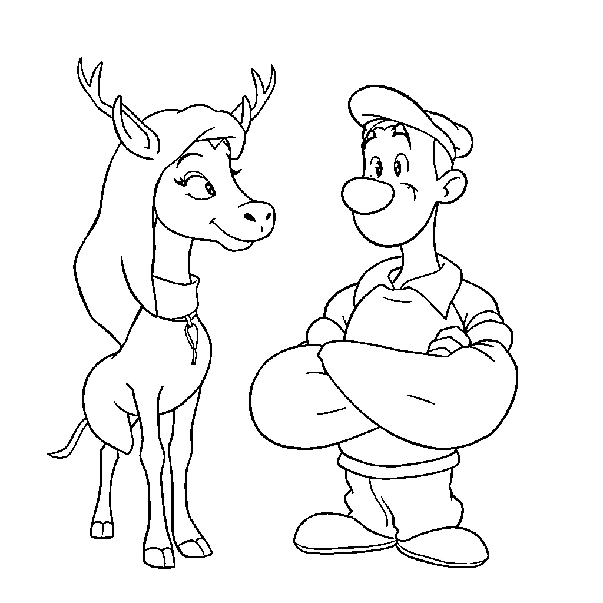 Queen and Companion in Whimsical Adventure Coloring Page (free black-and-white line drawing printable PDF for all, from beginners to advanced learners, including children, teens, adults, and seniors)