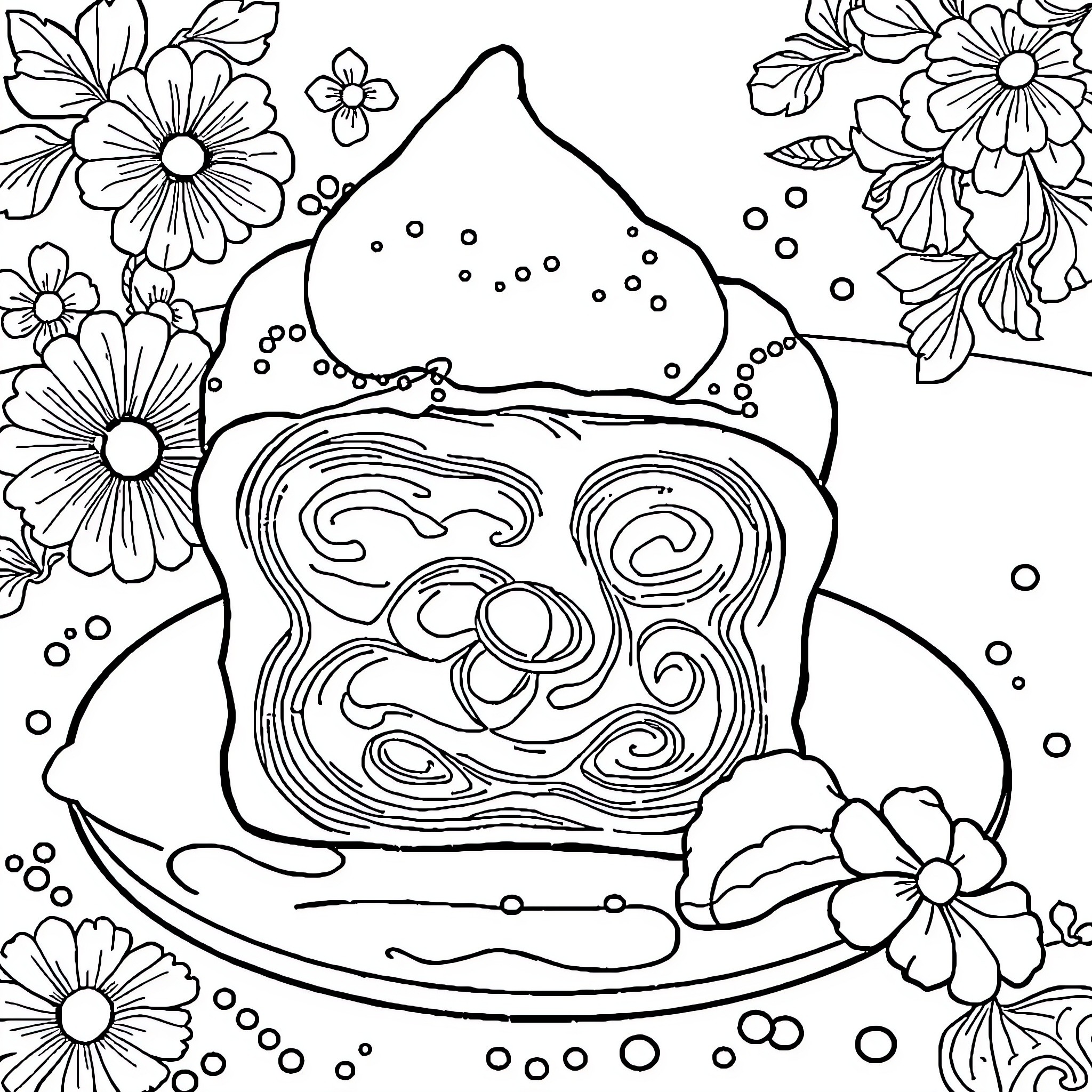 Waffle with Floral Designs and Patterns Coloring Page (free black-and-white line drawing printable PDF for all, from beginners to advanced learners, including children, teens, adults, and seniors)