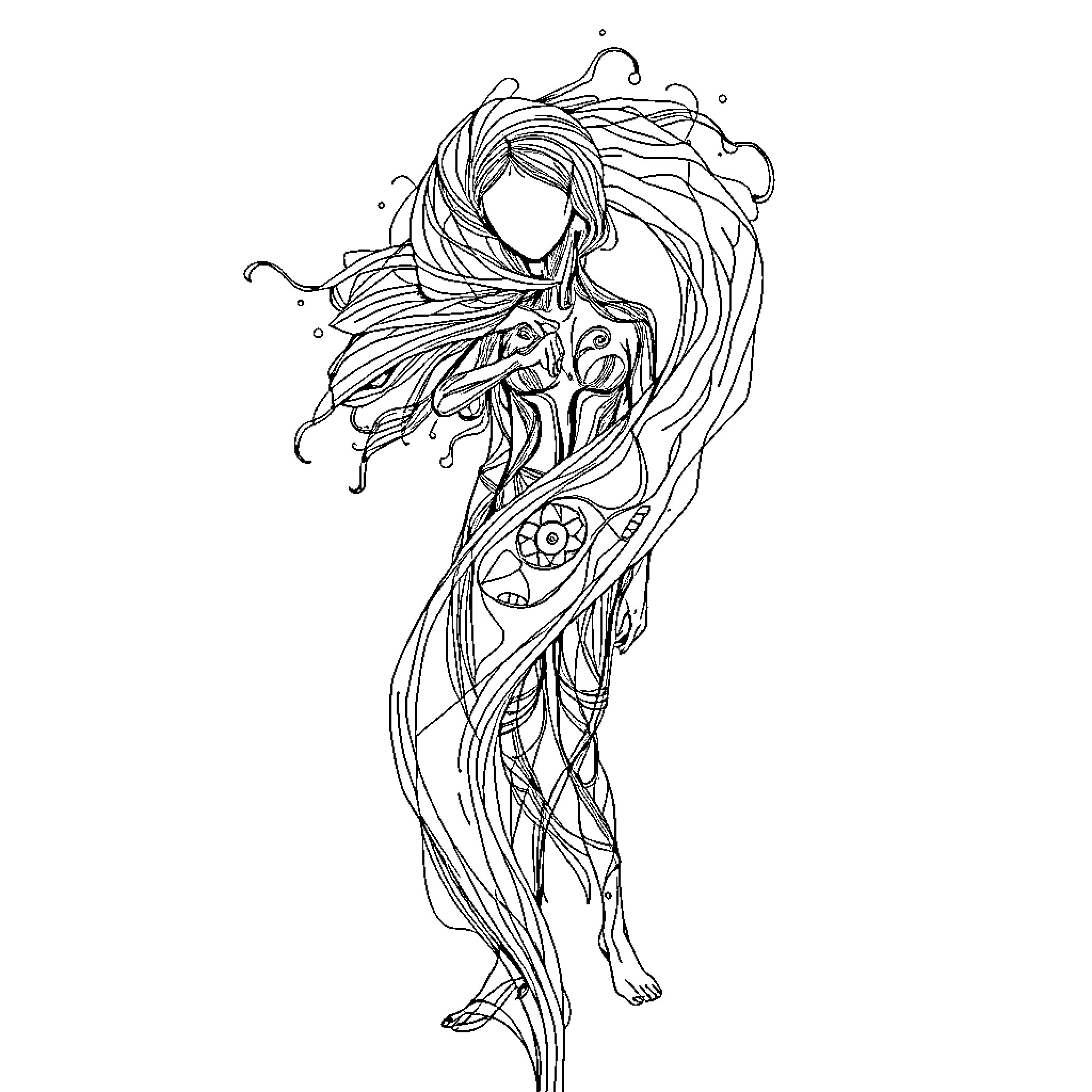 Abstract Art of Flowing Ethereal Figure Coloring Page (free black-and-white line drawing printable PDF for all, from beginners to advanced learners, including children, teens, adults, and seniors)