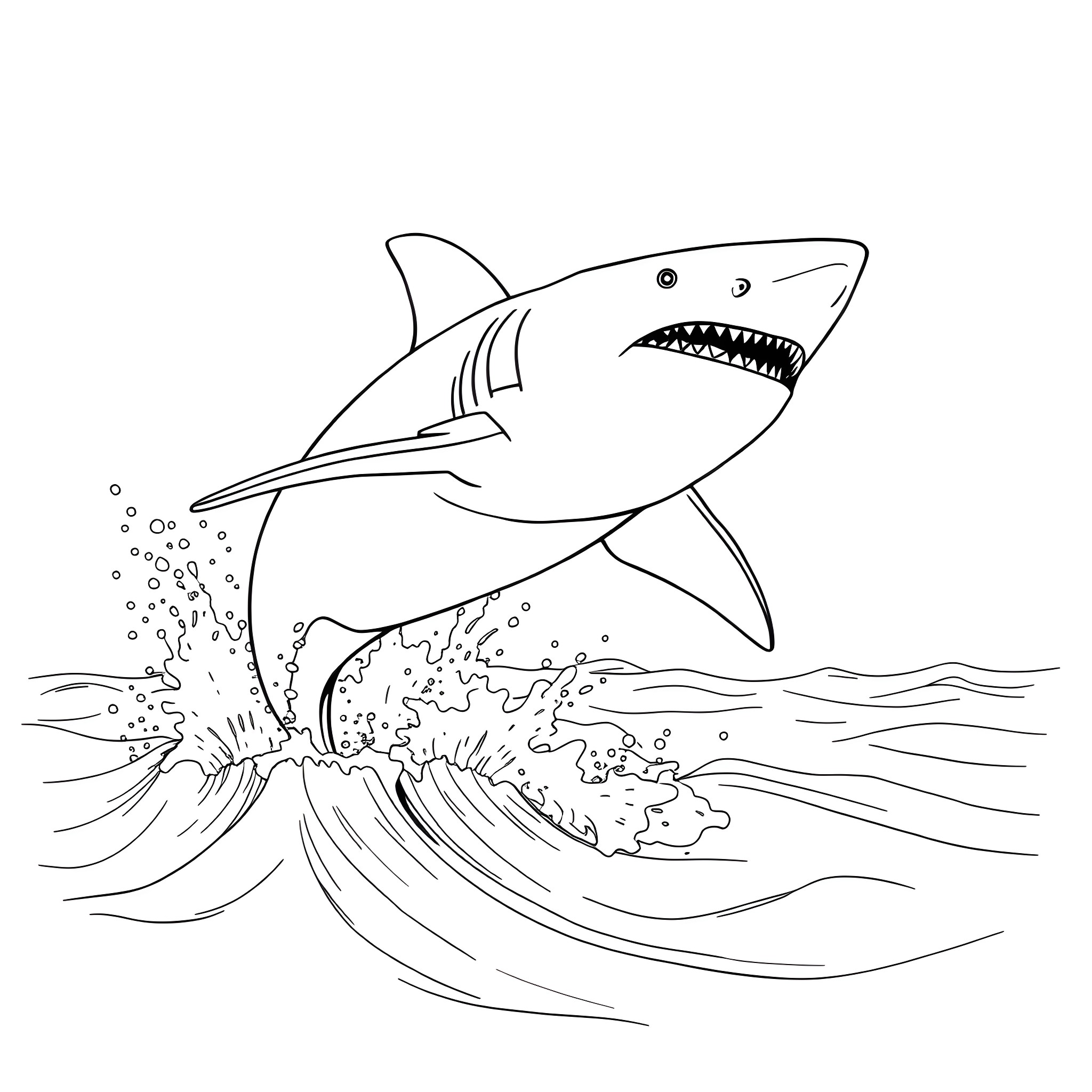 Shark jumping out of the waves Coloring Page (free black-and-white line drawing printable PDF for all, from beginners to advanced learners, including children, teens, adults, and seniors)