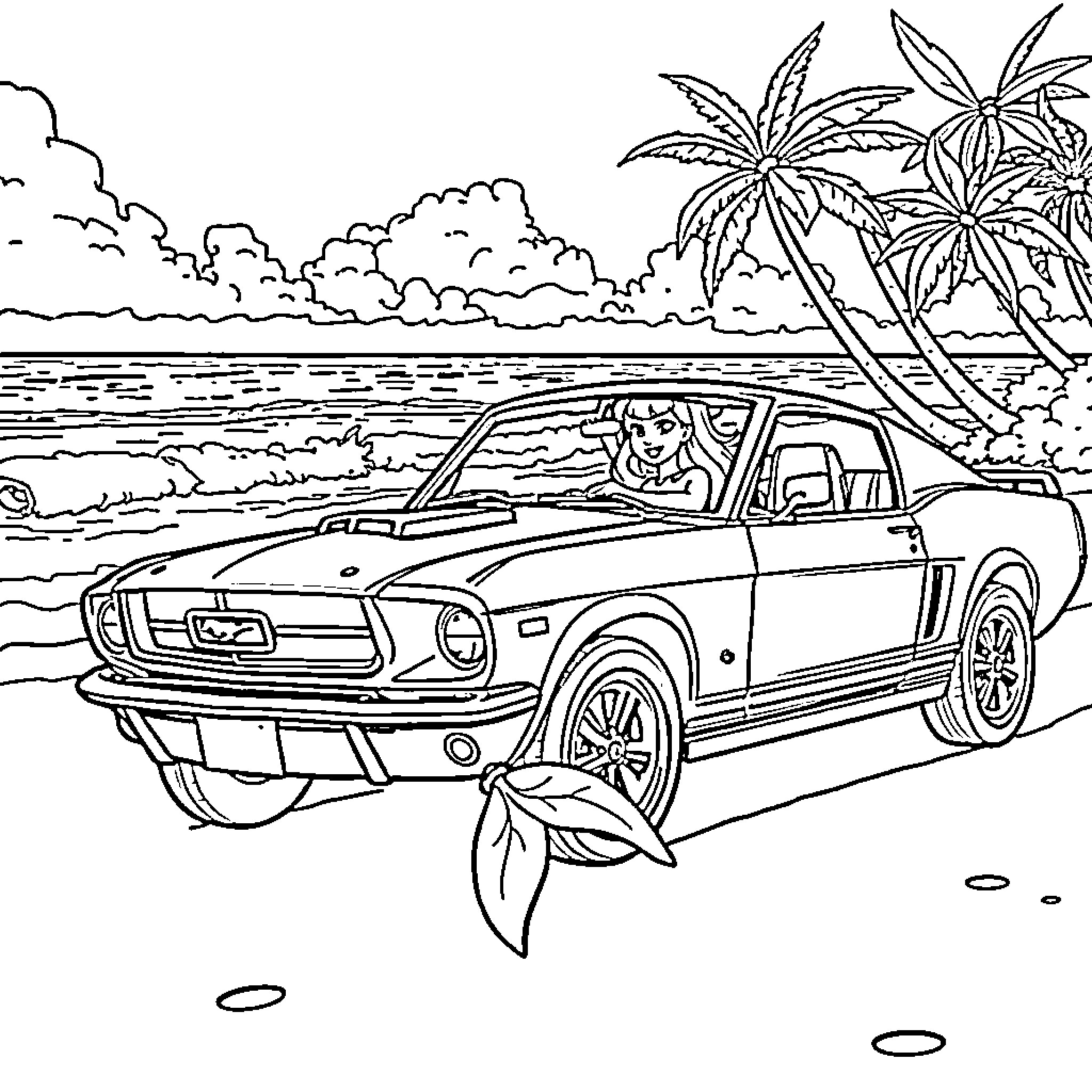 Mermaid driving a classic car on the beach Coloring Page (free black-and-white line drawing printable PDF for all, from beginners to advanced learners, including children, teens, adults, and seniors)