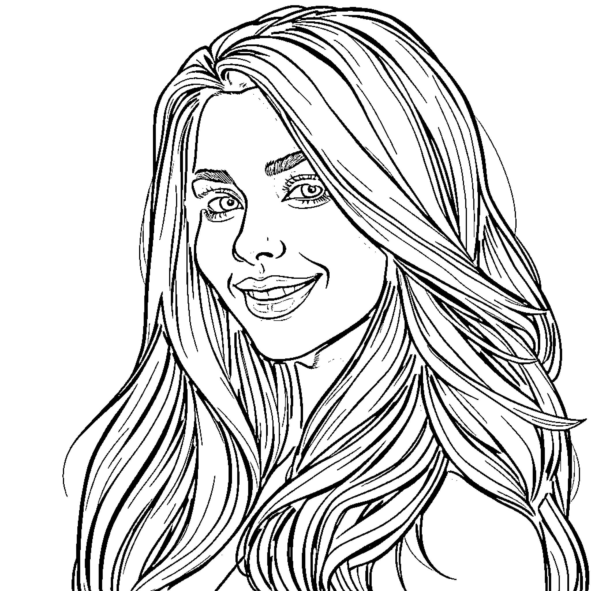 Lady with flowing, stylish hair and bright expression Coloring Page (free black-and-white line drawing printable PDF for all, from beginners to advanced learners, including children, teens, adults, and seniors)