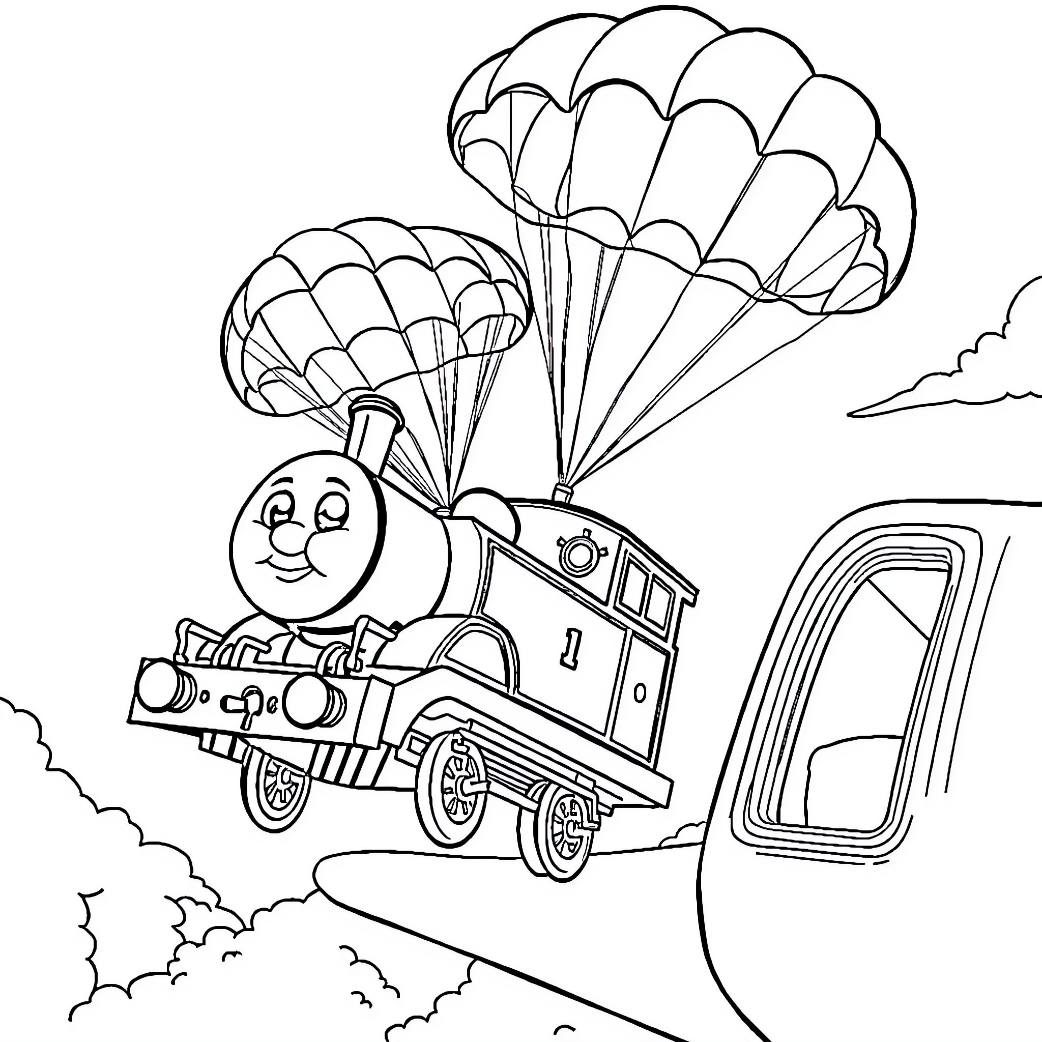 Thomas the Train parachuting with balloons in the sky Coloring Page (free black-and-white line drawing printable PDF for all, from beginners to advanced learners, including children, teens, adults, and seniors)