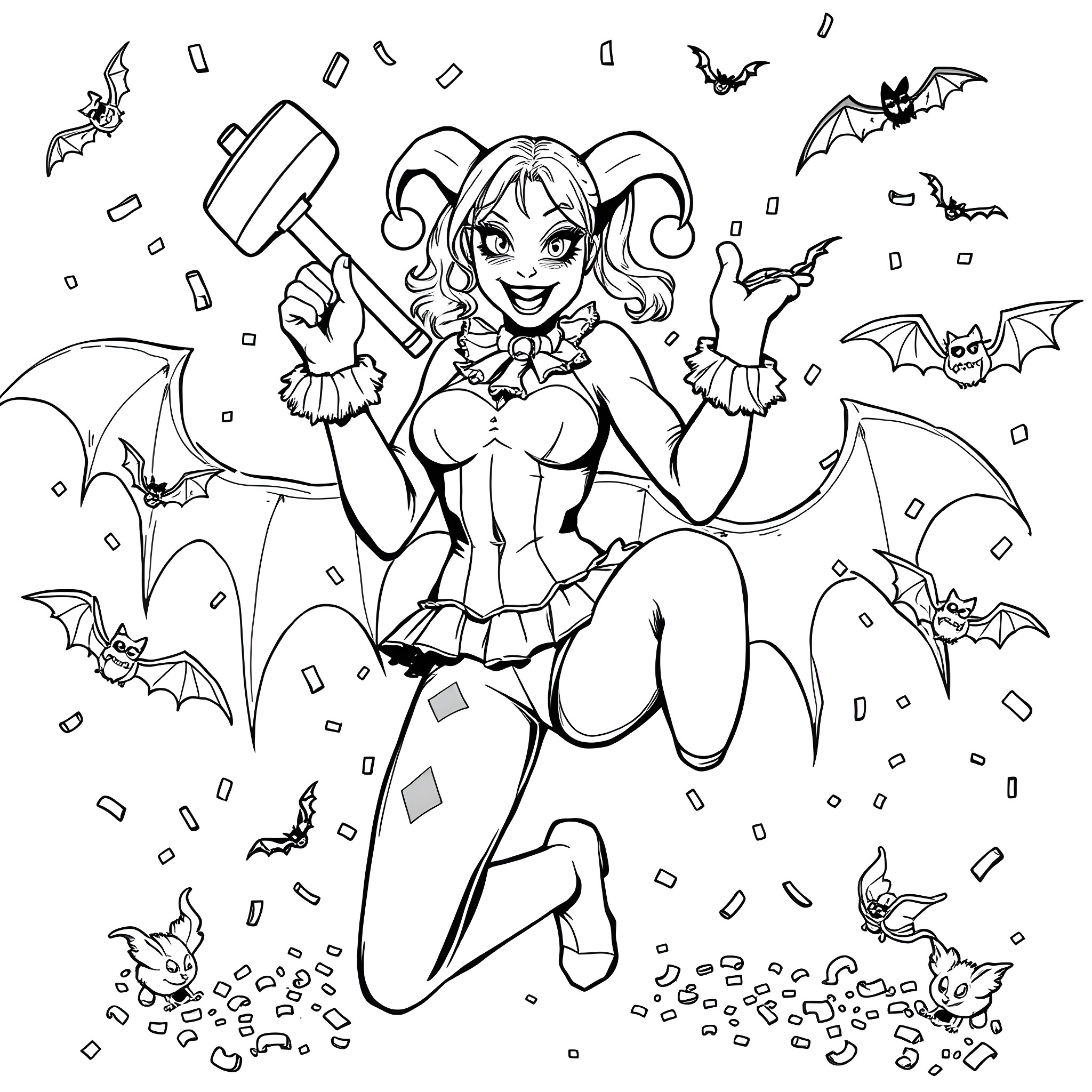 Harley Quinn in a Halloween-themed scene Coloring Page (free black-and-white line drawing printable PDF for all, from beginners to advanced learners, including children, teens, adults, and seniors)