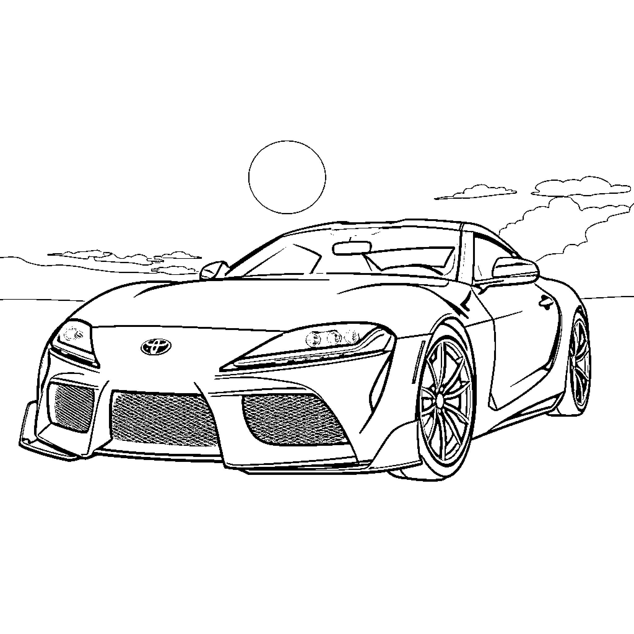 Toyota Supra speeding on the open road Coloring Page (free black-and-white line drawing printable PDF for all, from beginners to advanced learners, including children, teens, adults, and seniors)