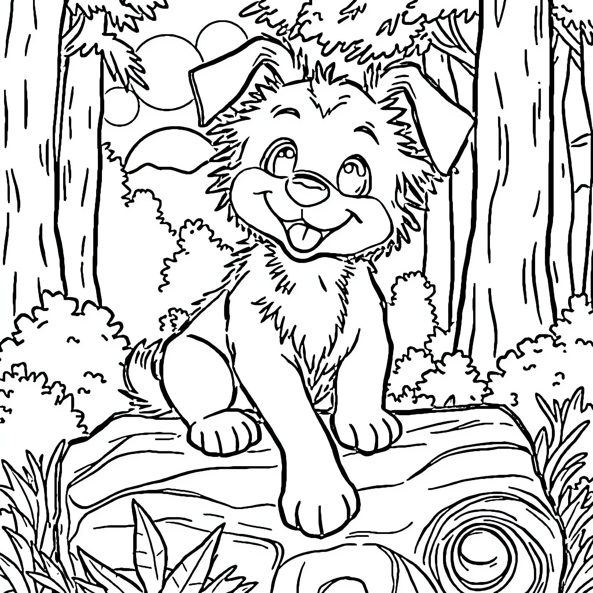 Dog smiling happily in the forest Coloring Page (free black-and-white line drawing printable PDF for all, from beginners to advanced learners, including children, teens, adults, and seniors)