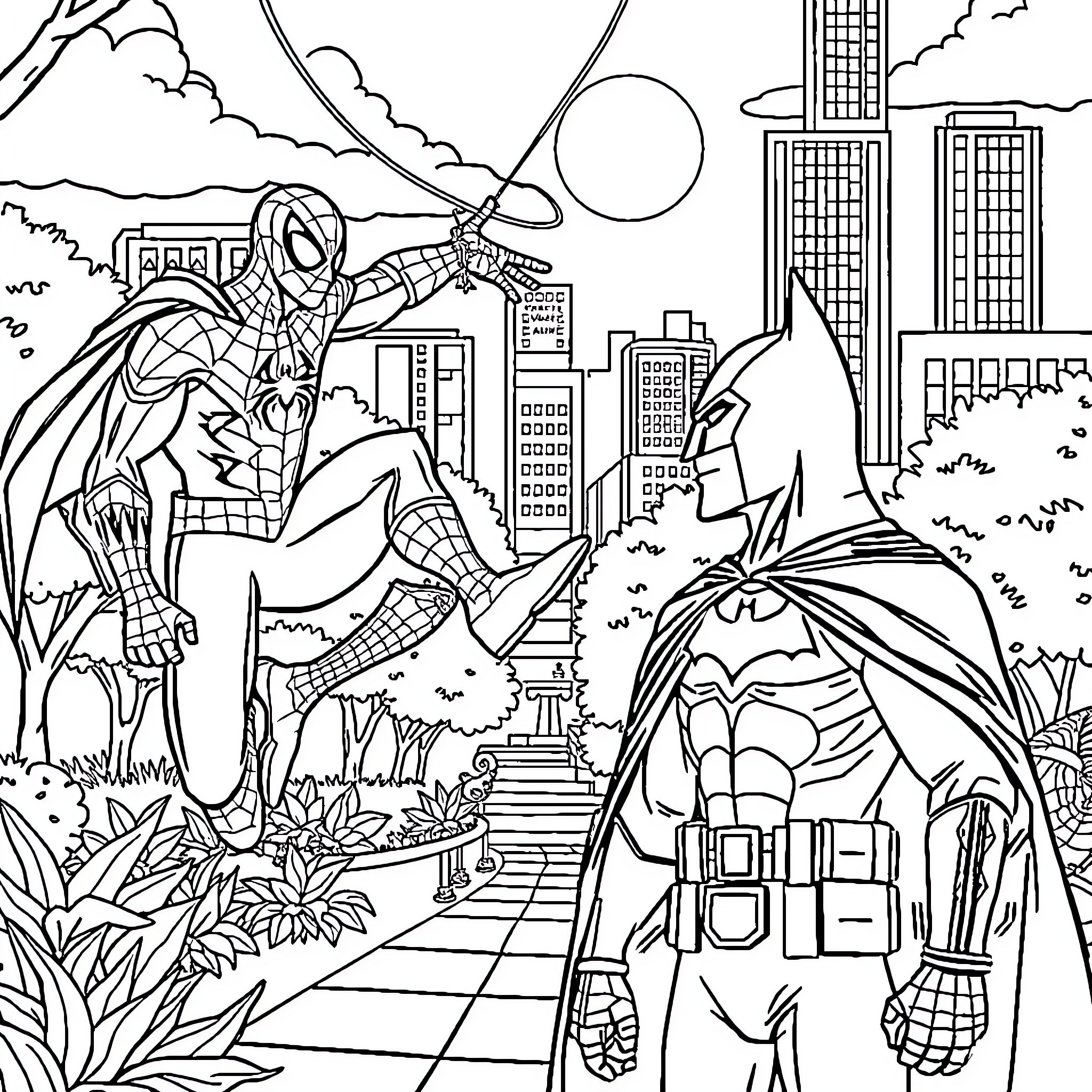 Spiderman and Batman battle in the cityscape Coloring Page (free black-and-white line drawing printable PDF for all, from beginners to advanced learners, including children, teens, adults, and seniors)