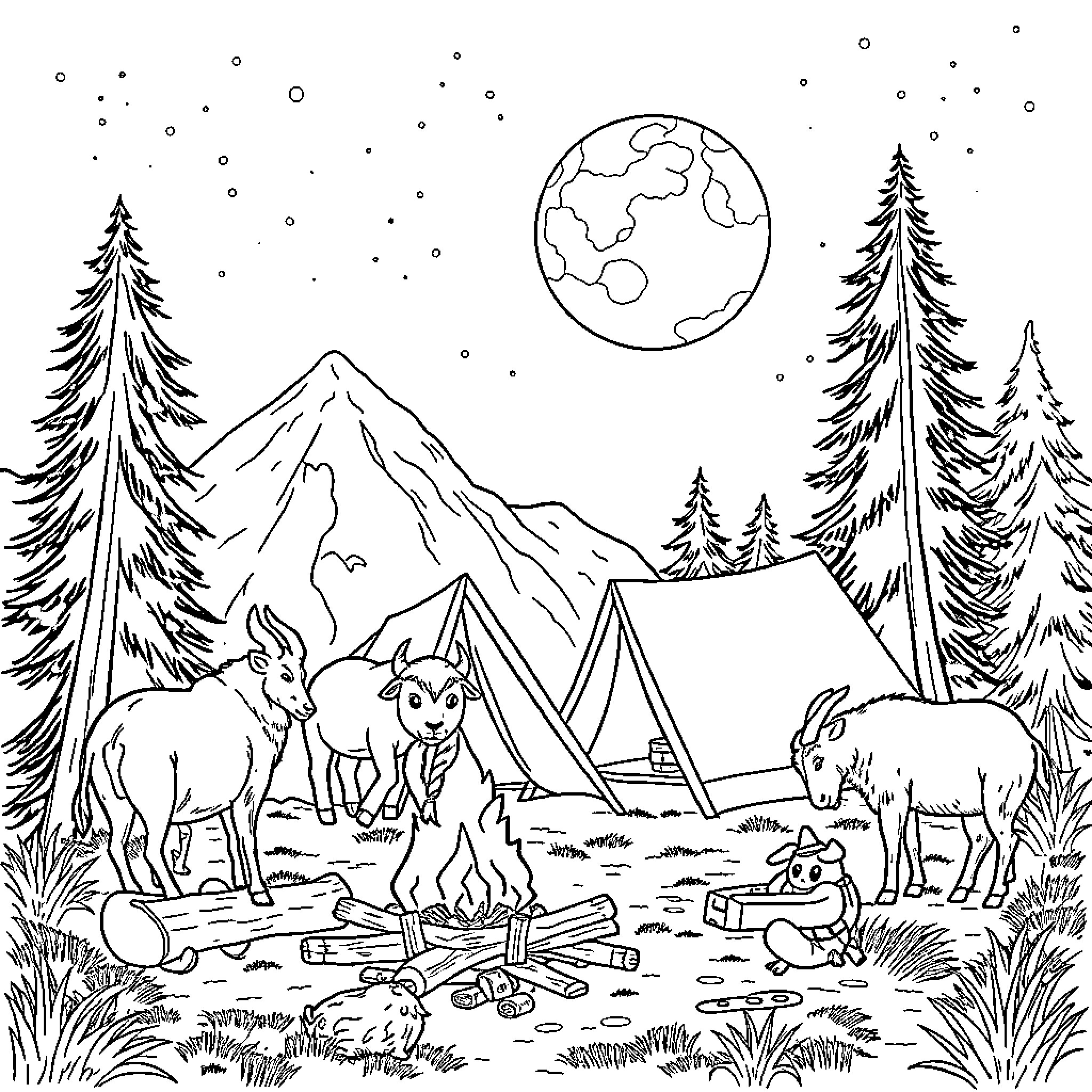 Animal winter camping scene with forest and wildlife Coloring Page (free black-and-white line drawing printable PDF for all, from beginners to advanced learners, including children, teens, adults, and seniors)