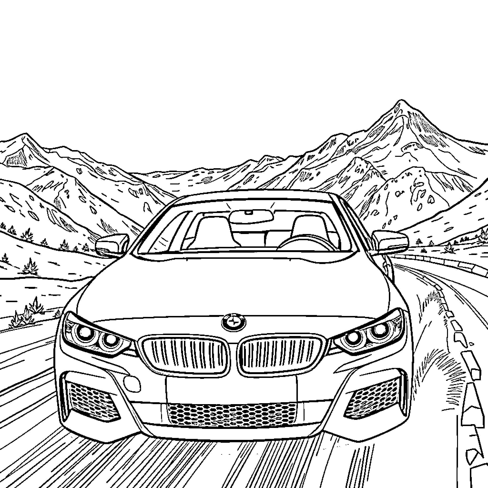 BMW speeding through a mountainous landscape Coloring Page (free black-and-white line drawing printable PDF for all, from beginners to advanced learners, including children, teens, adults, and seniors)