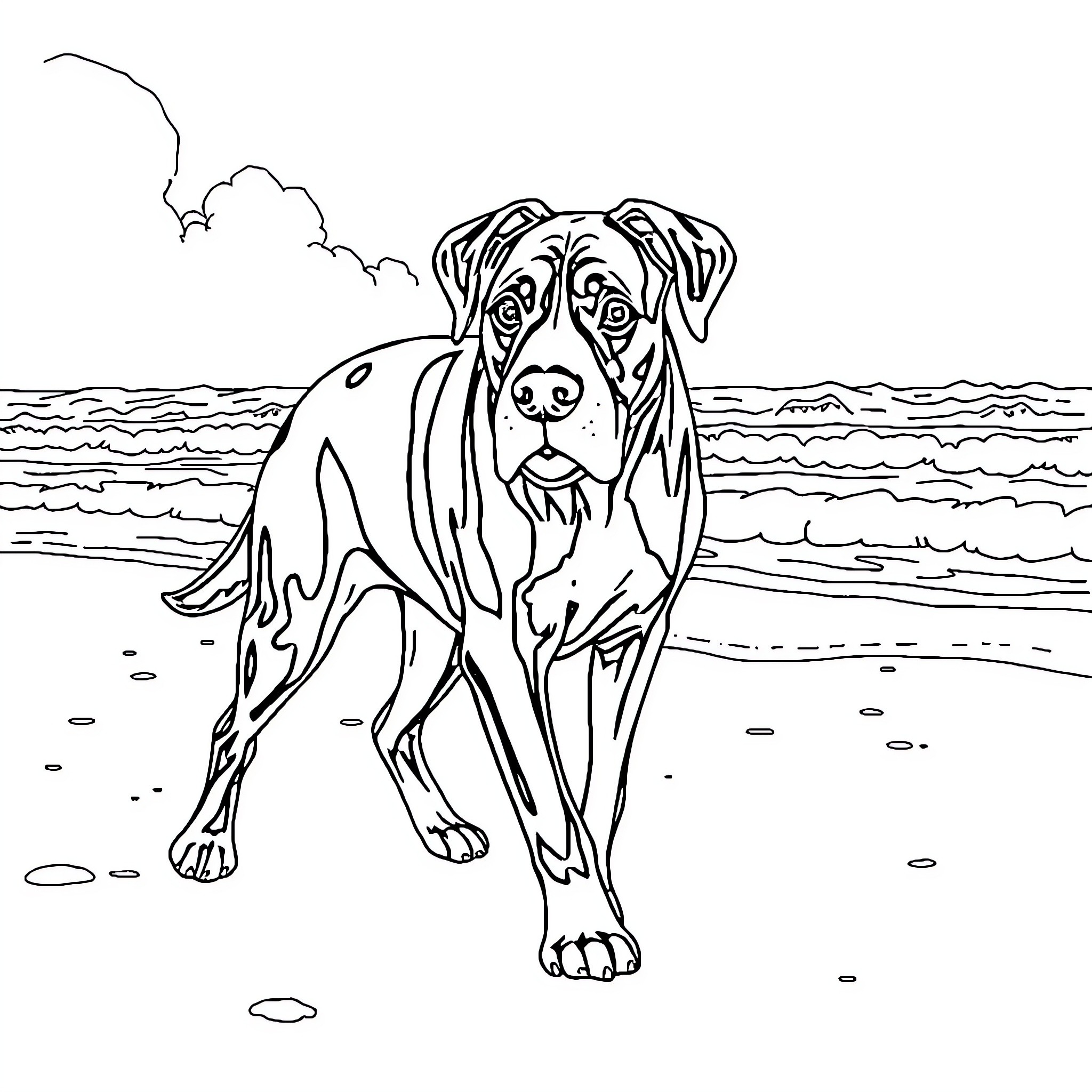 American Shepherd enjoying a day at the beach Coloring Page (free black-and-white line drawing printable PDF for all, from beginners to advanced learners, including children, teens, adults, and seniors)